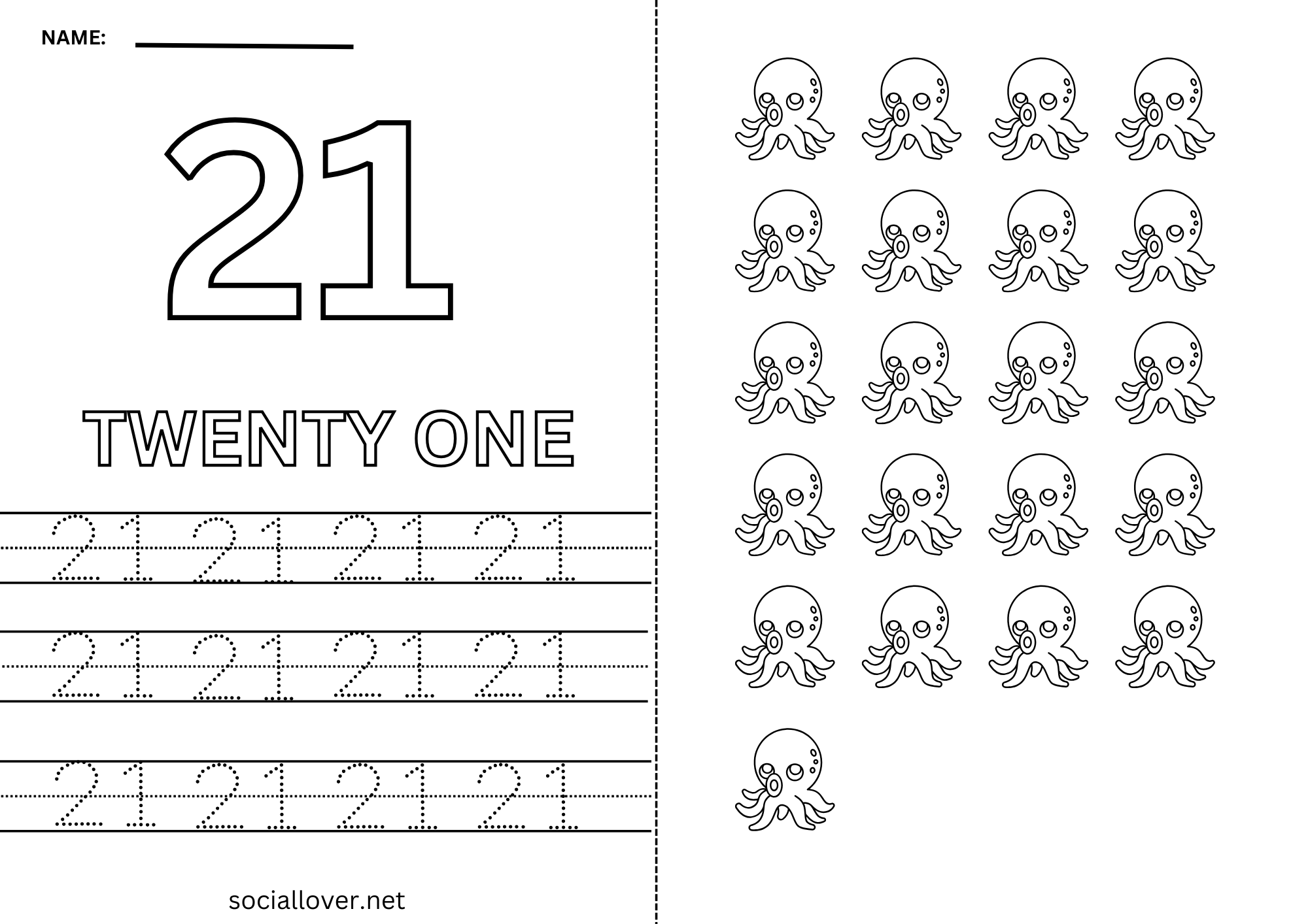 Read Write Count and Trace Math number 21 Practice worksheet