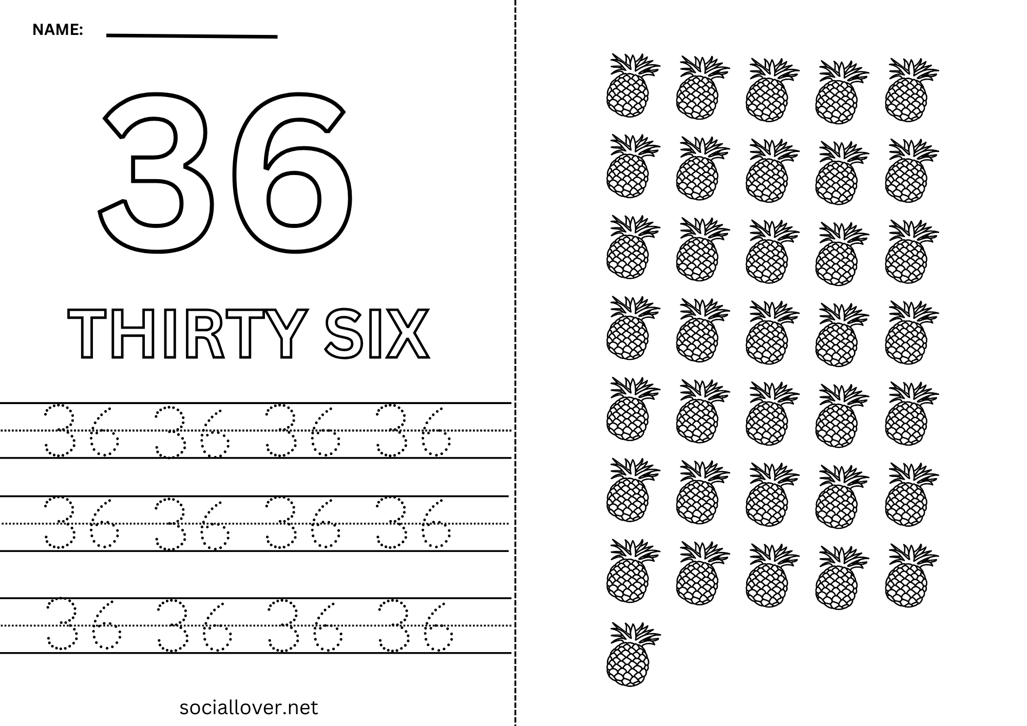 36th Grade Math Read Write Count and Trace Math number 36 Practice worksheet