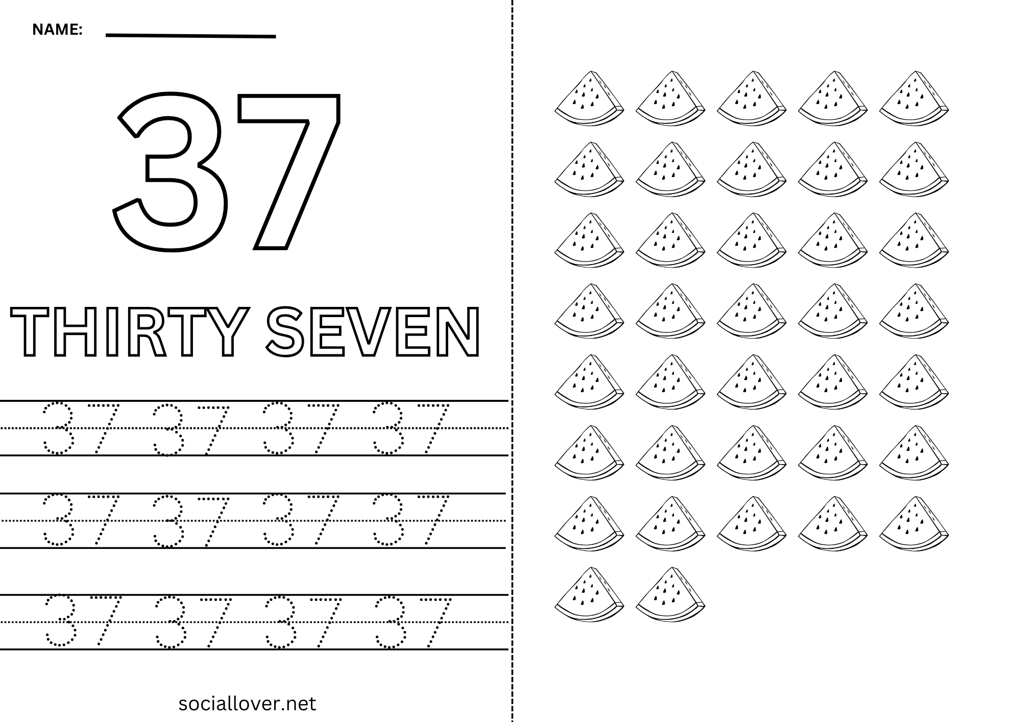 Numbers 37worksheet Read Write Count and Trace Math number 37 Practice worksheet