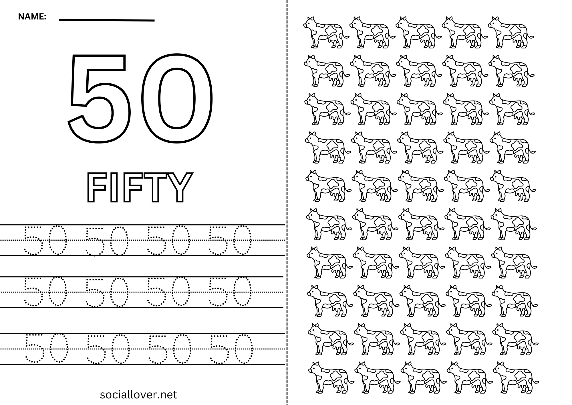 Read Write Count and Trace Math number 50 Practice worksheet