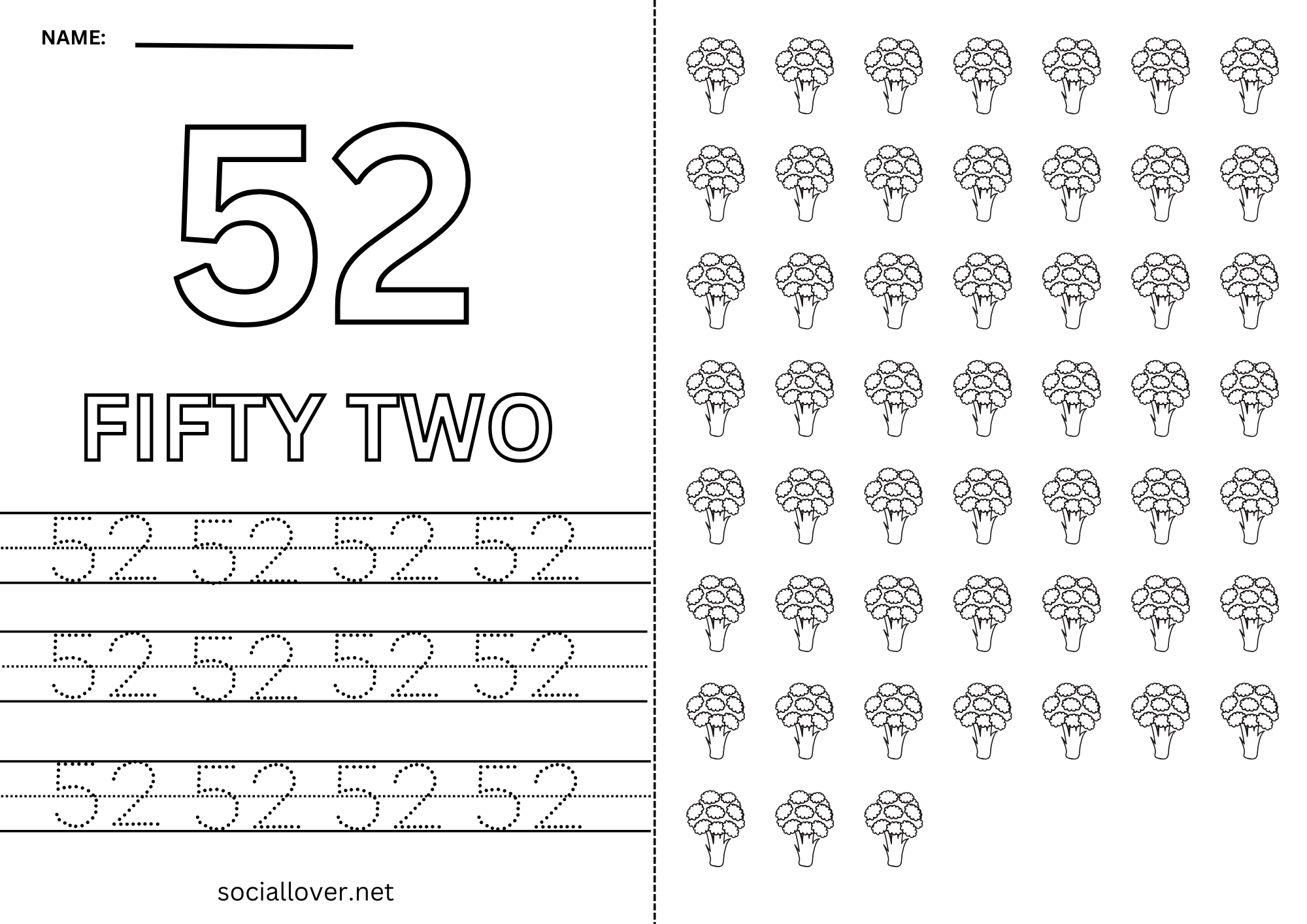 Example Math 52 Read Write Count and Trace Math number 52 Practice worksheet
