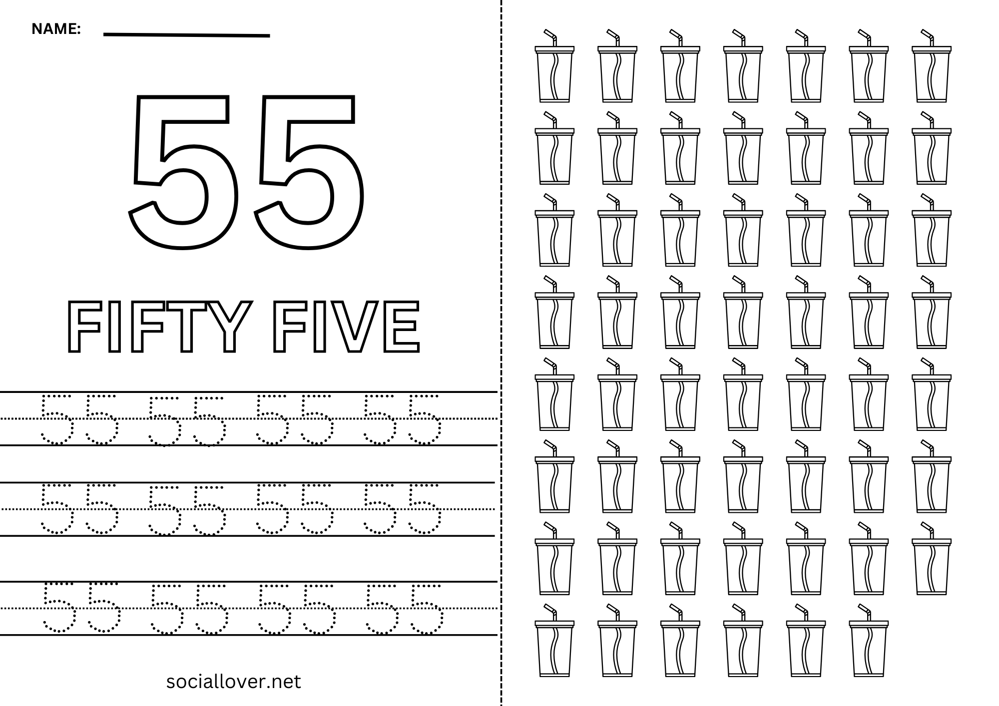Read Write Count and Trace Math number 55 Practice worksheet