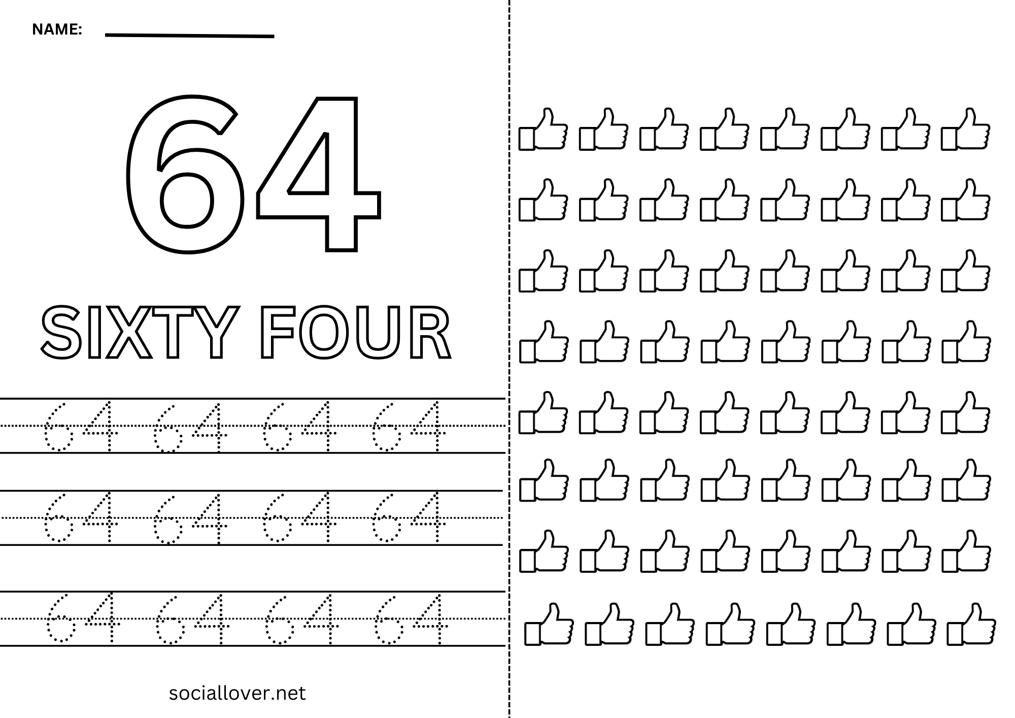 Read Write Count and Trace Math number 64 Practice worksheet