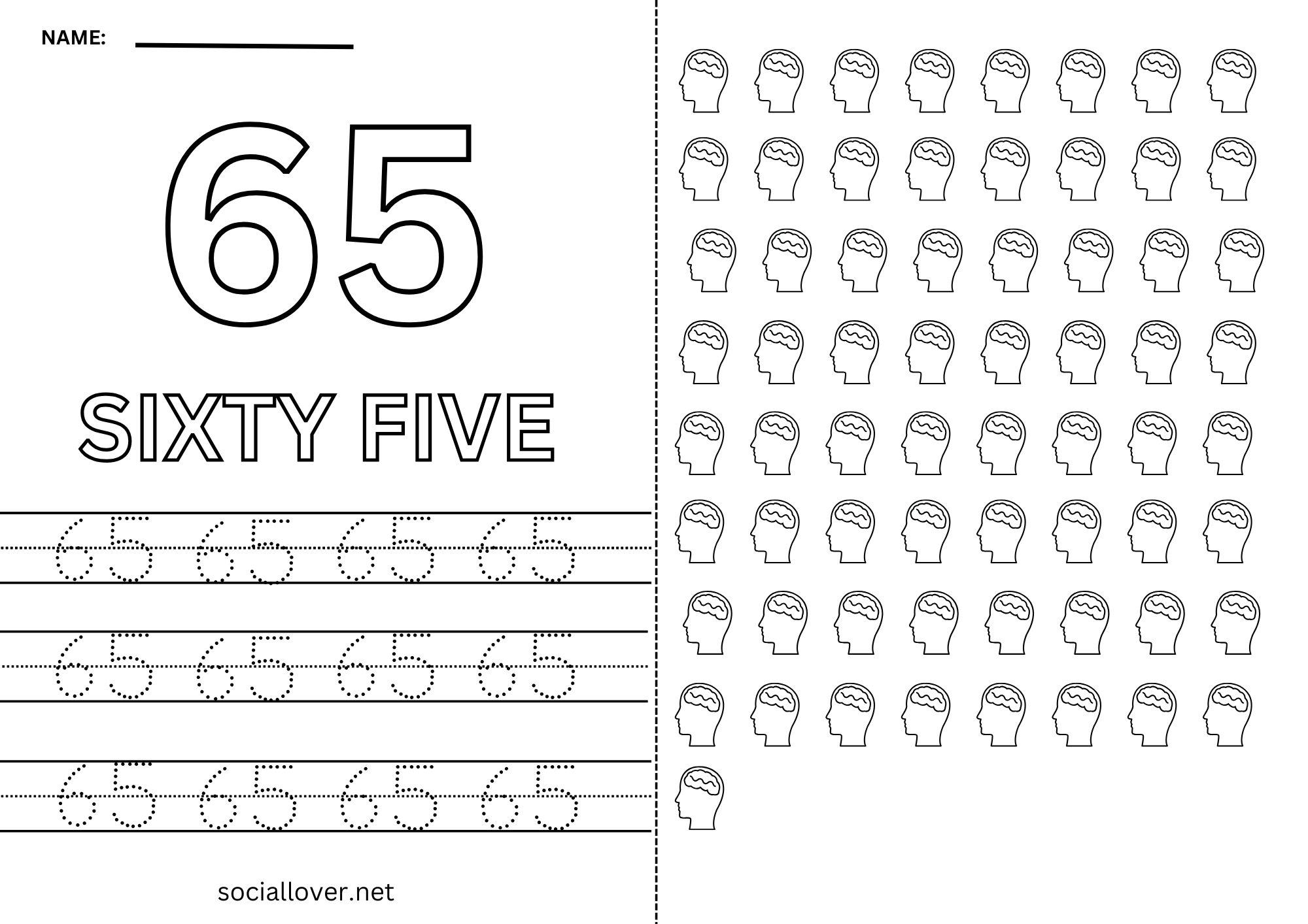 Numbers 65 Word Read Write Count and Trace Math number 65 Practice worksheet