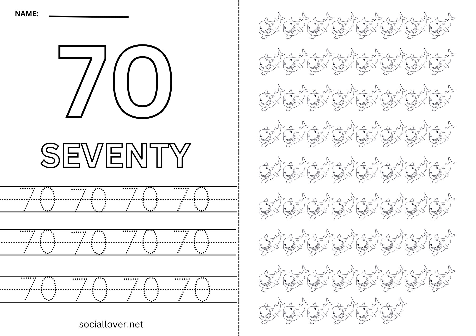 Read Write Count and Trace Math number 70 Practice worksheet