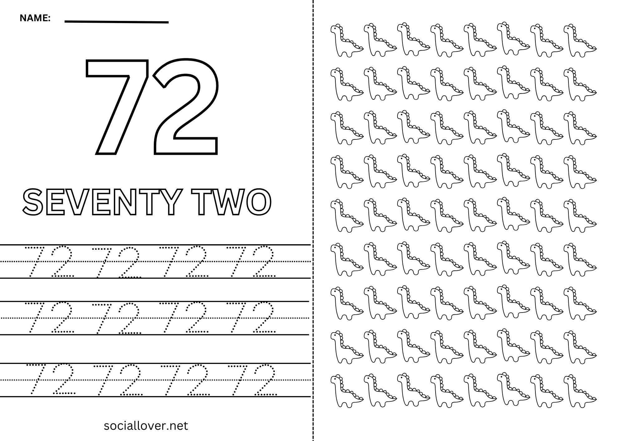 Math B72 Read Write Count and Trace Math number 72 Practice worksheet