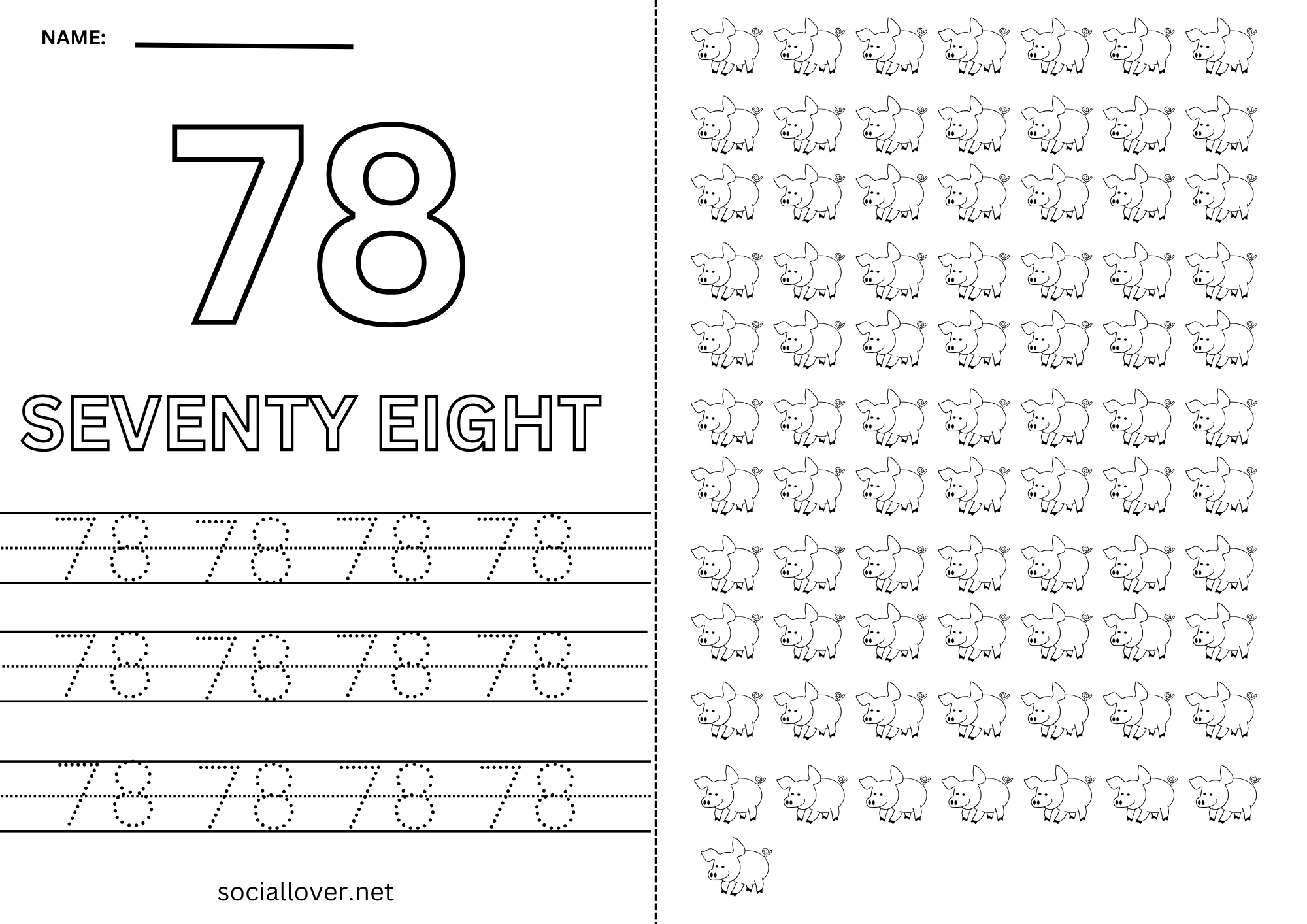 Read Write Count and Trace Math number 78 Practice worksheet