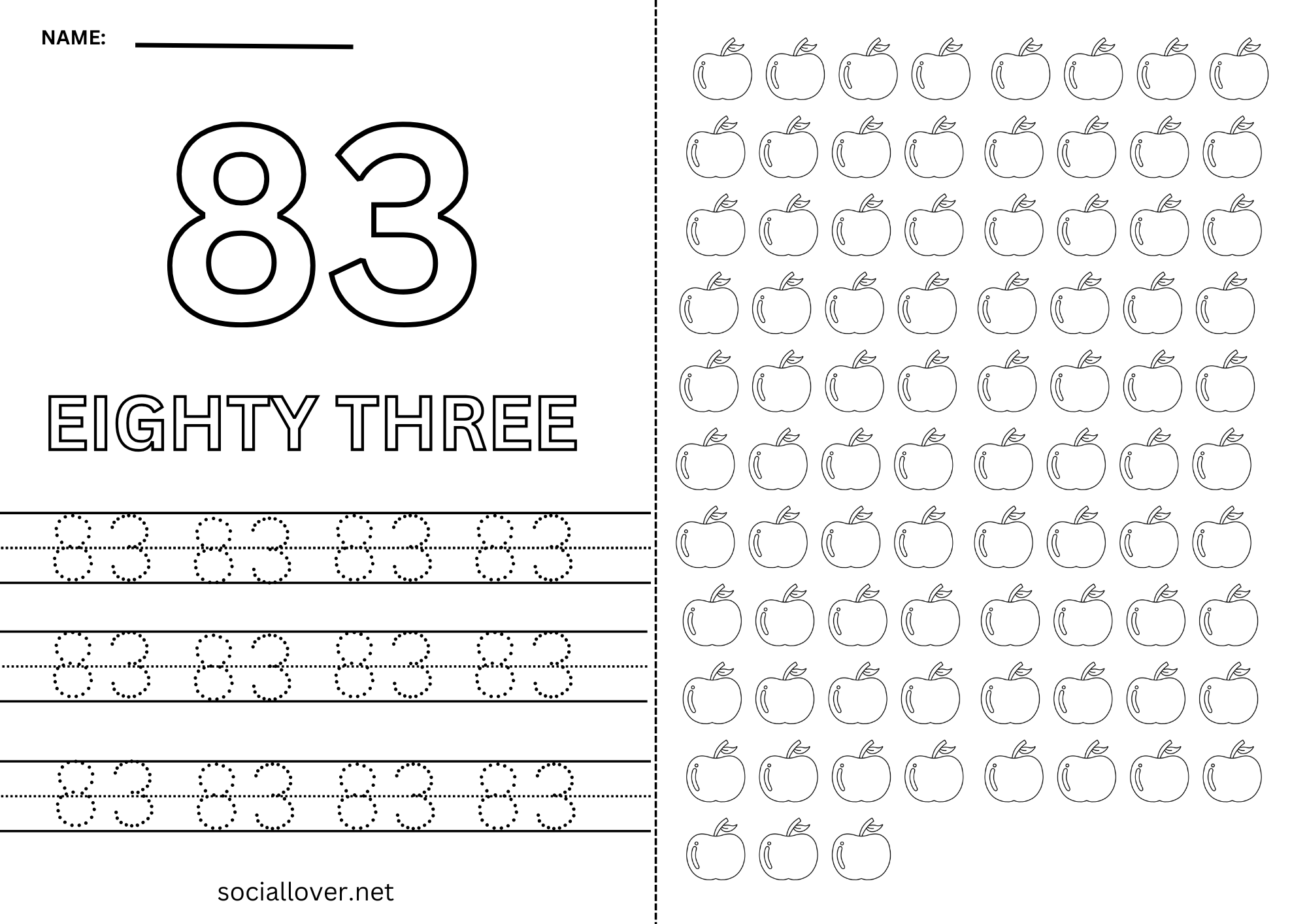 Read Write Count and Trace Math number 83 Practice worksheet