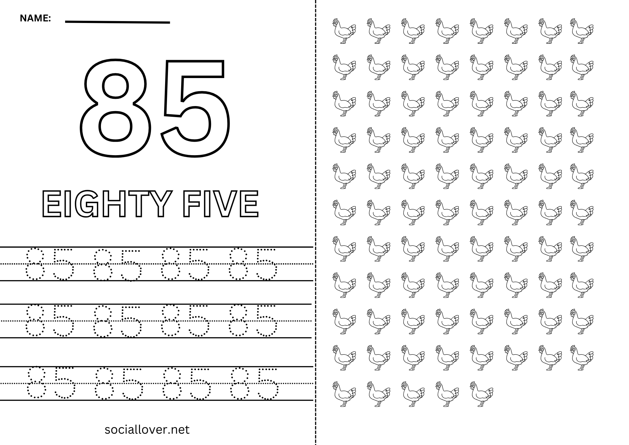 Math 85 Read Write Count and Trace Math number 85 Practice worksheet