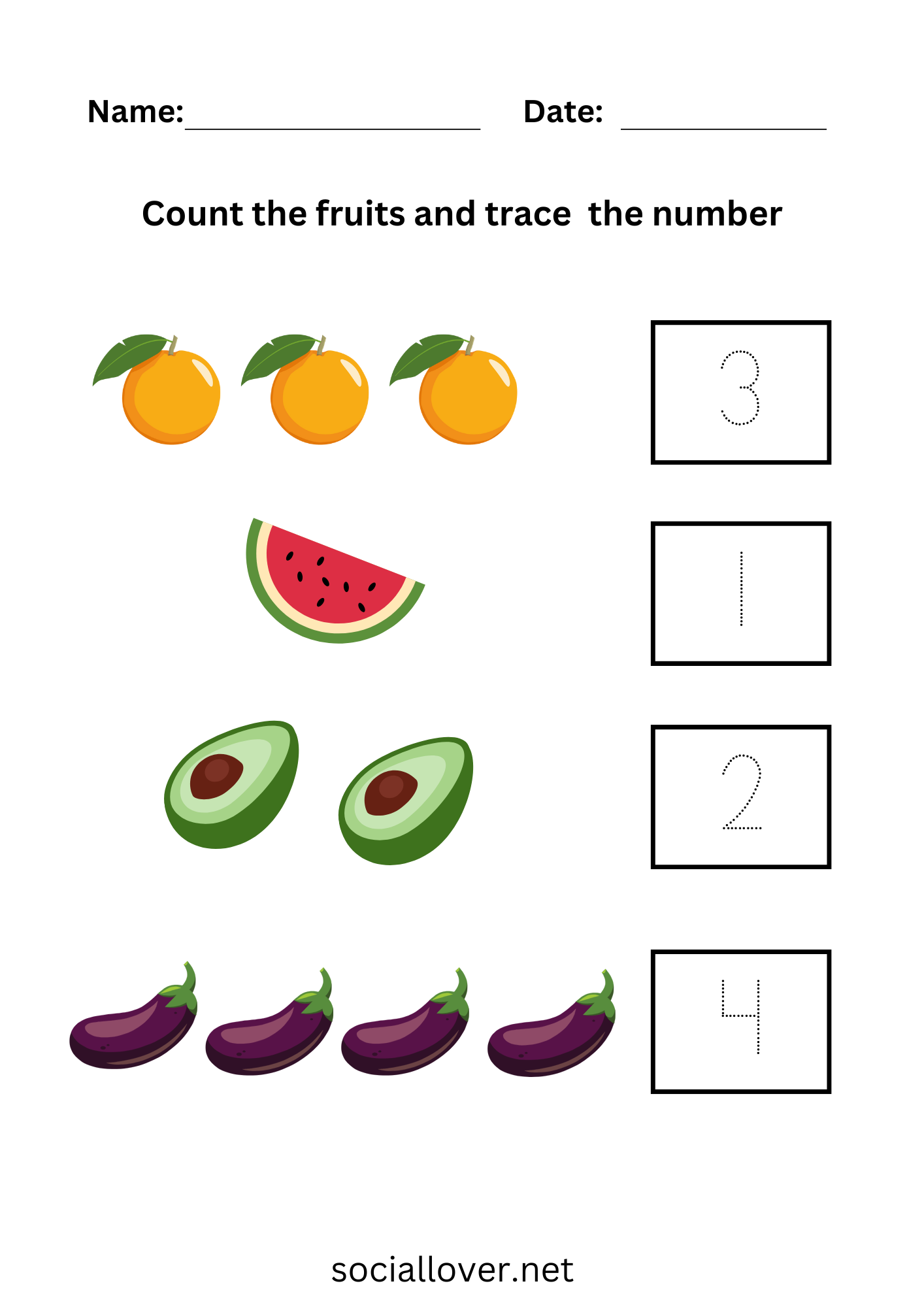 Count and Trace number 1-4 | Number words worksheets 1-4
