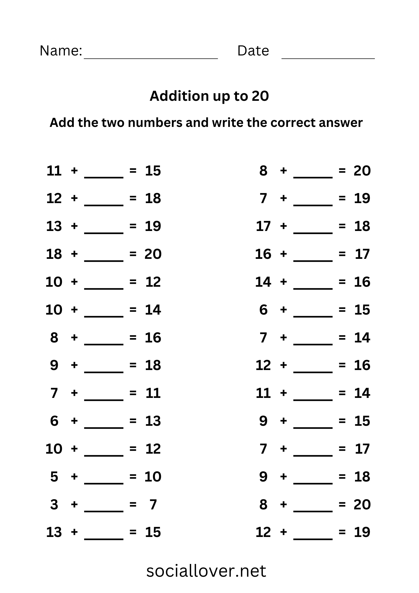 Fill in the missing number worksheets (sums up to 20)