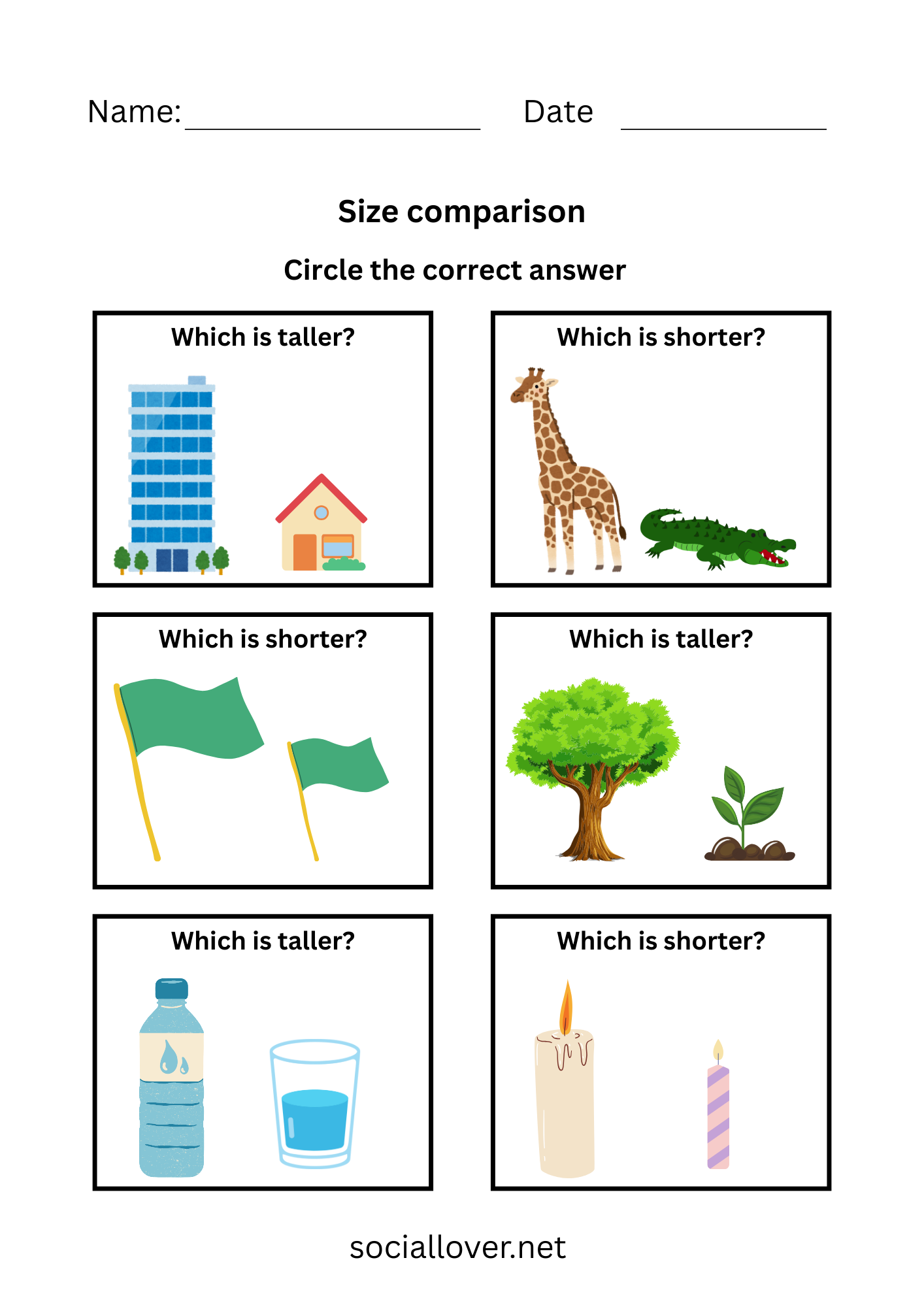 Tall vs short size comparison worksheets PDF Printable