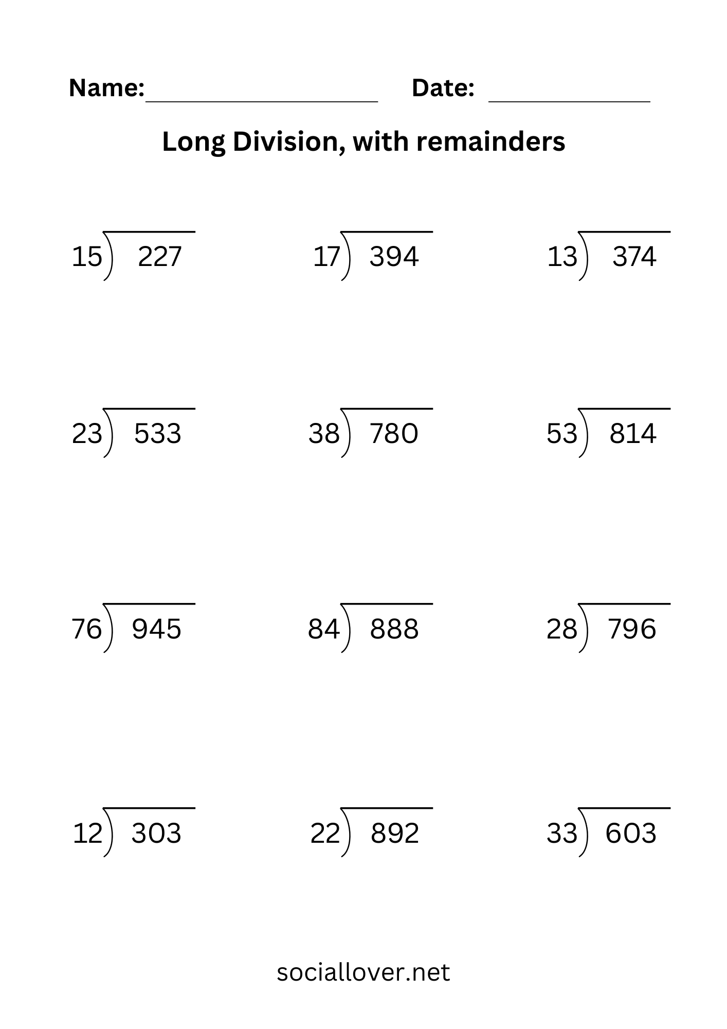 Long division, with remainders, 3-digit by 2-digit worksheets