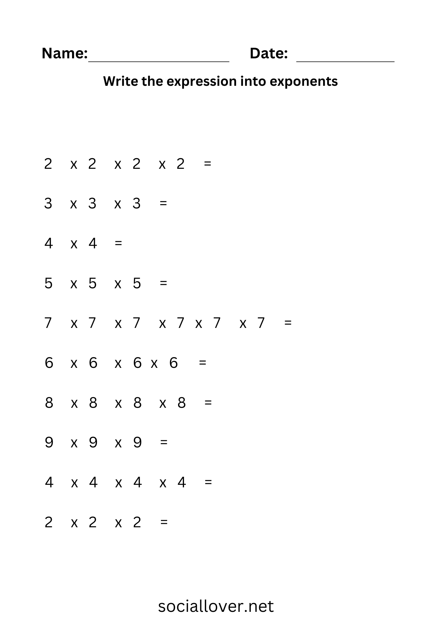 Read and write the exponent worksheet