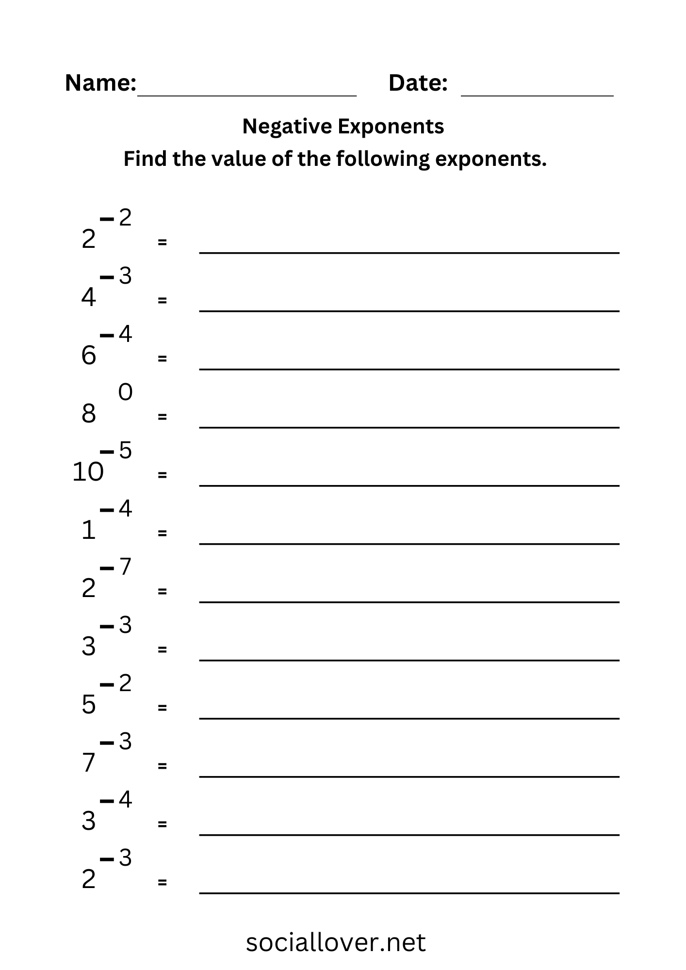 Whole numbers with negative and zero exponents worksheets