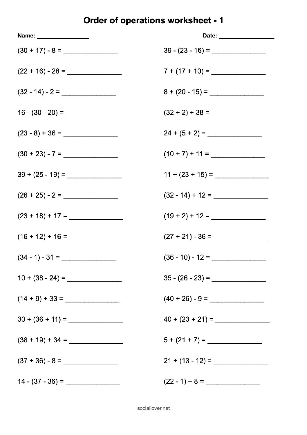 Order of operation worksheet | 3 term add and subtract with brackets
