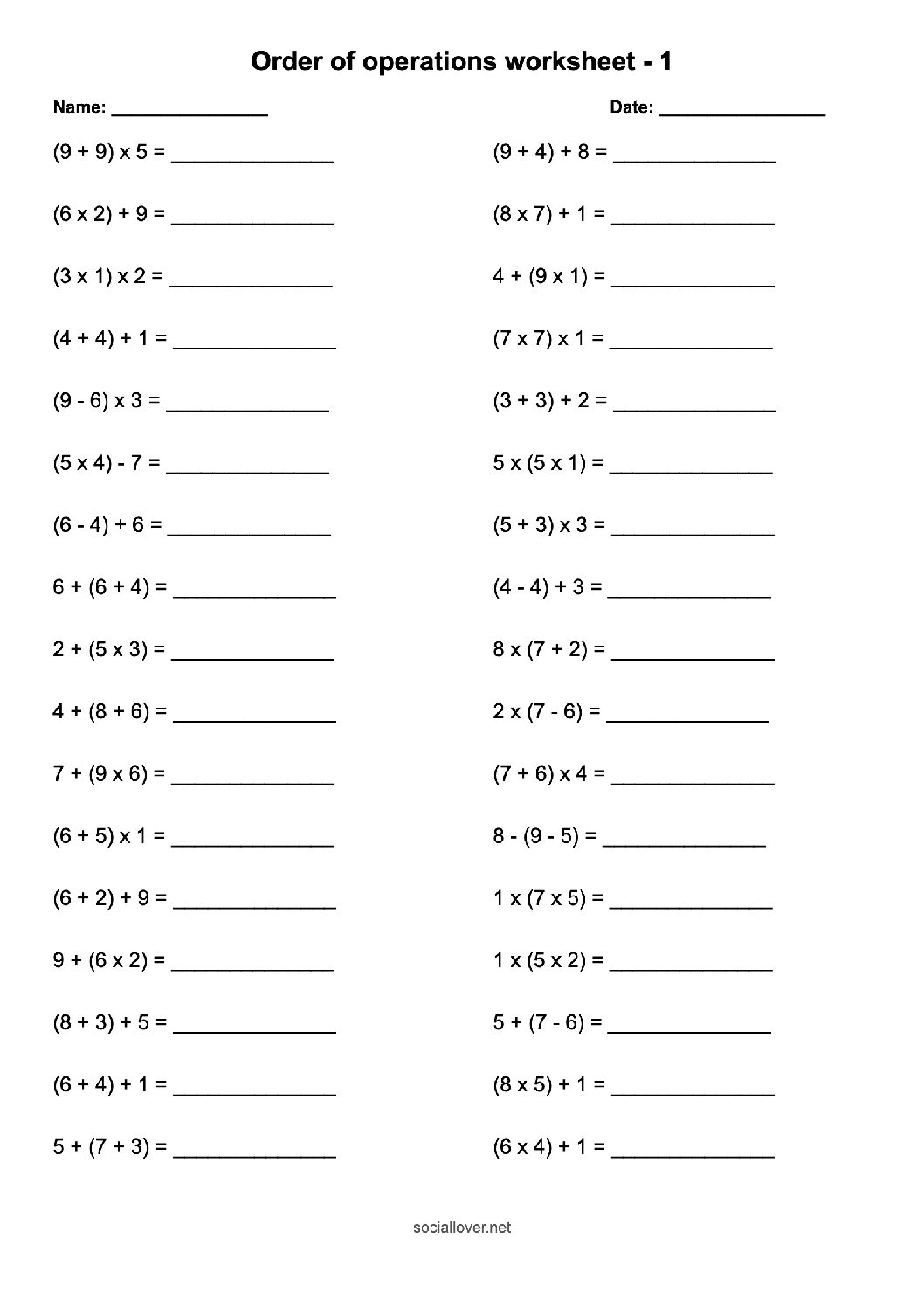 Order of operations (add/subtract/multiply) worksheets | 3 numbers