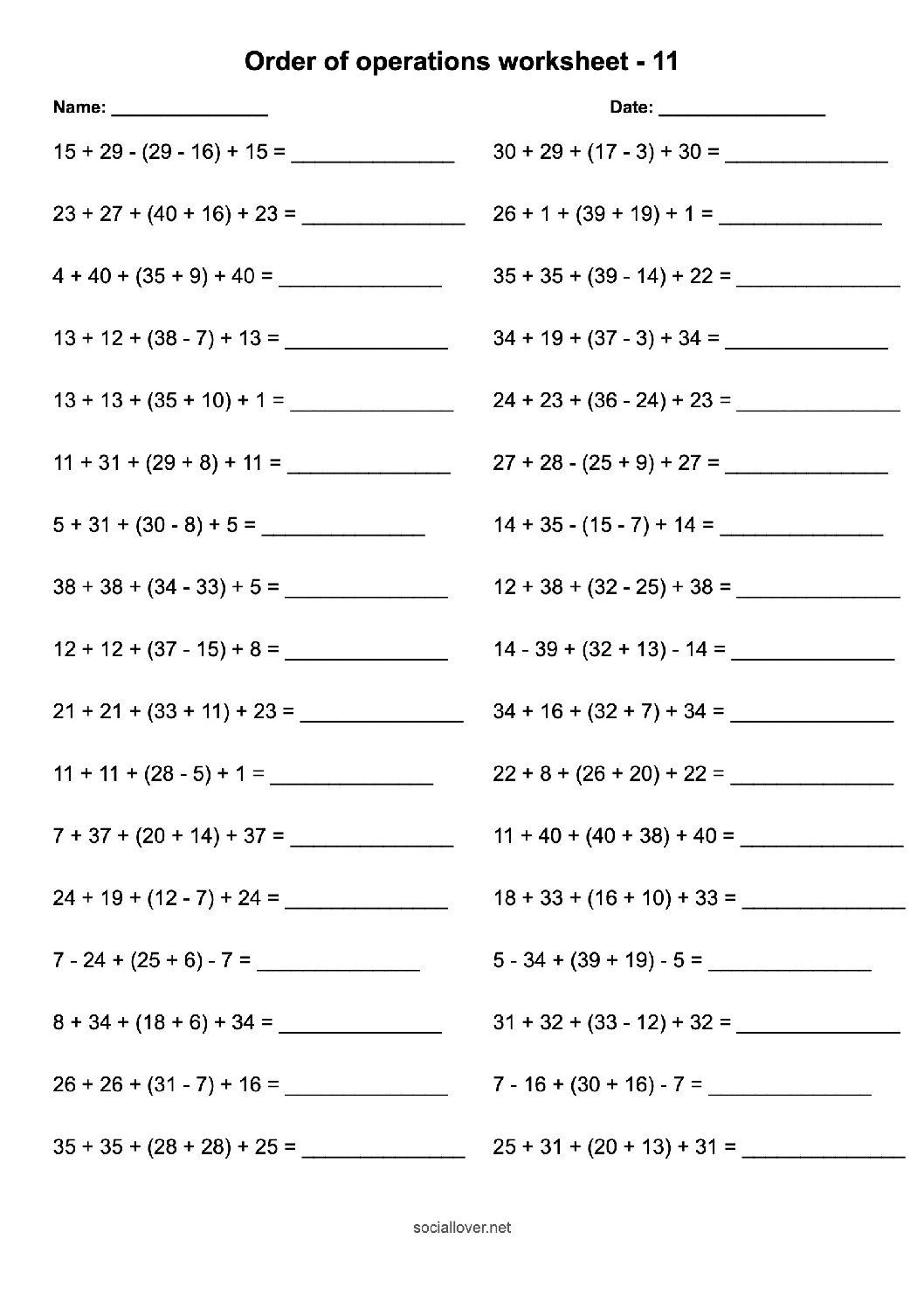 5 numbers order of operations worksheets add subtract with brackets