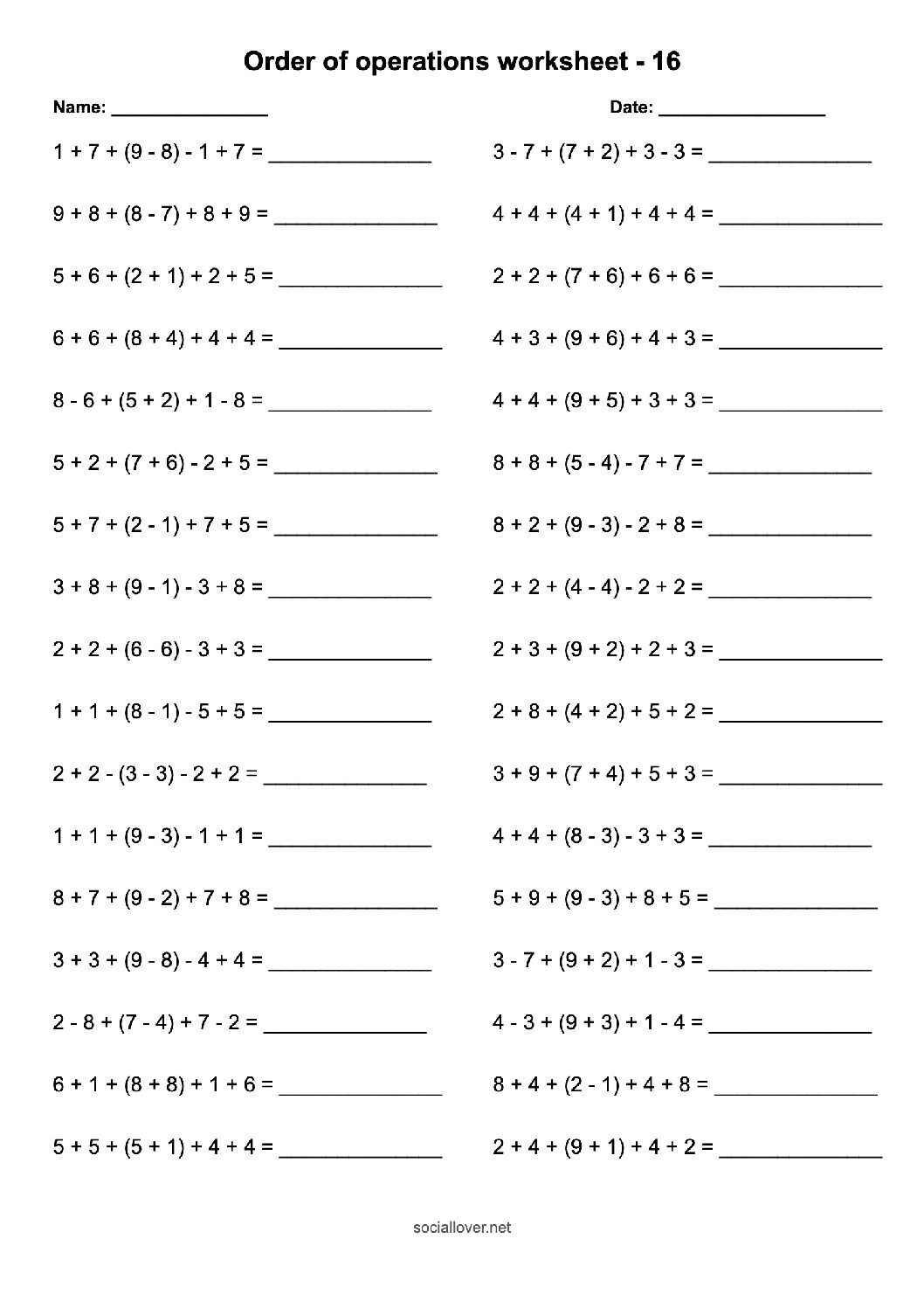 6 numbers order of operations worksheets addition and subtract with brackets