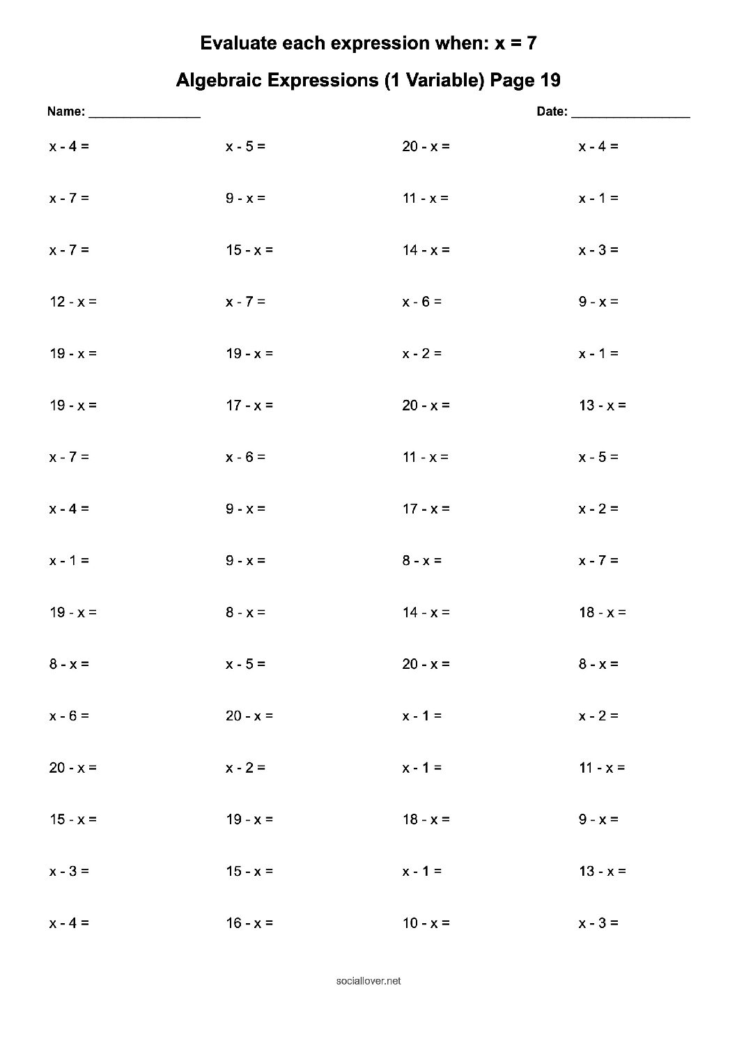 Expressions with 1 variable worksheets