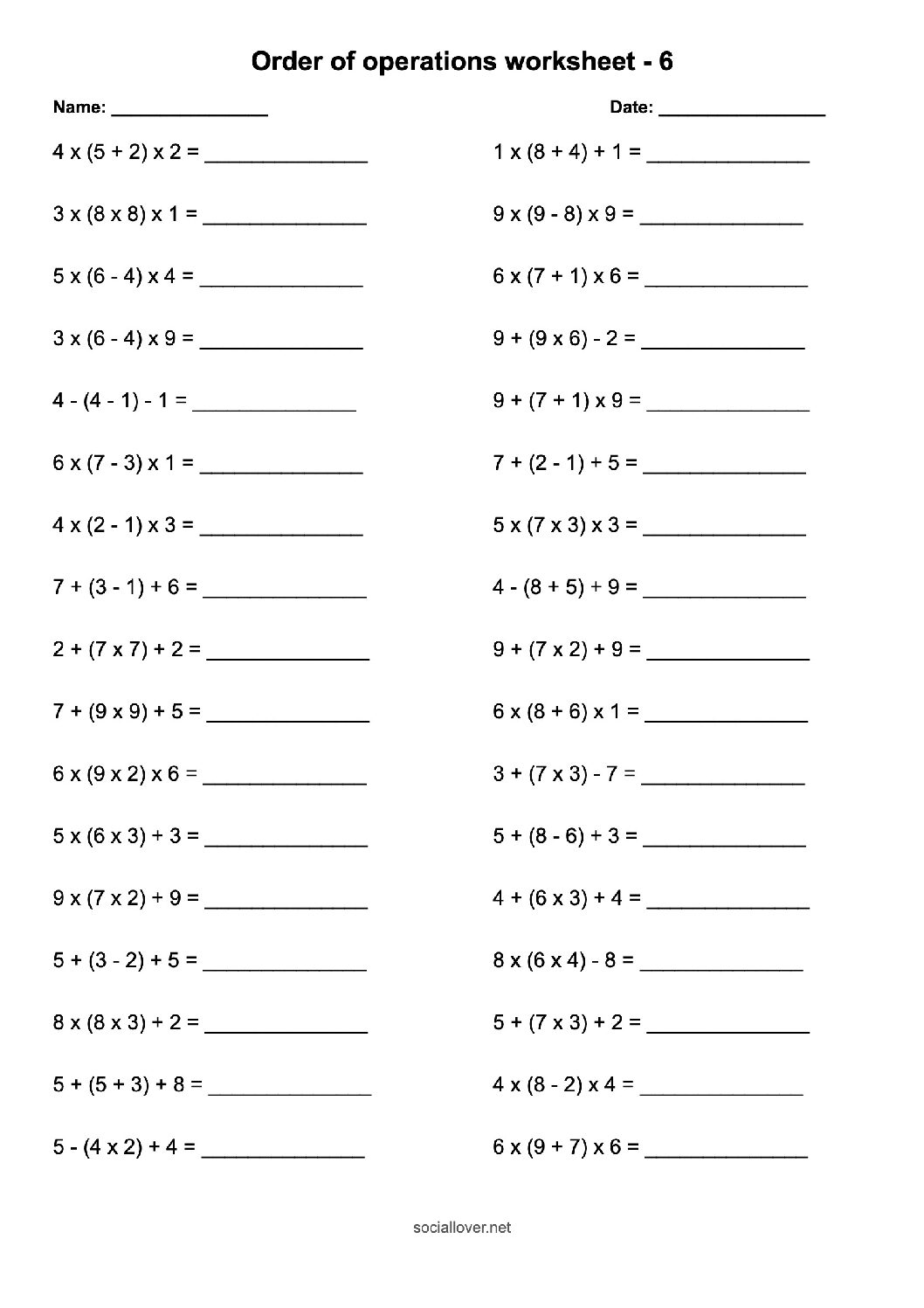 4 Numbers Order of operations (add/subtract/multiply) worksheets