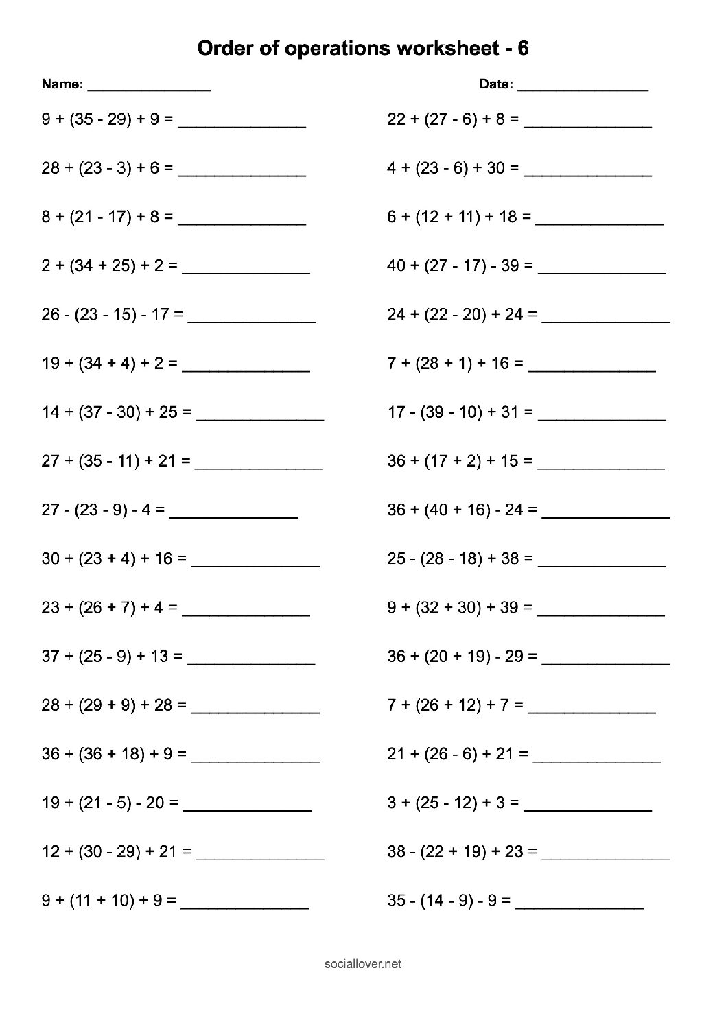 4 terms order of operations worksheets add subtract with brackets