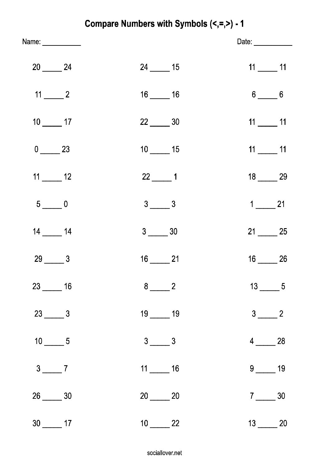 Comparing numbers worksheets from 0-30