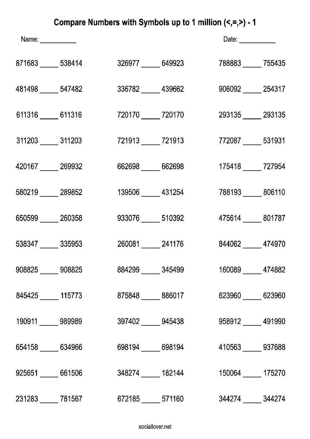 Comparing numbers worksheets up to 1 million (1000000)
