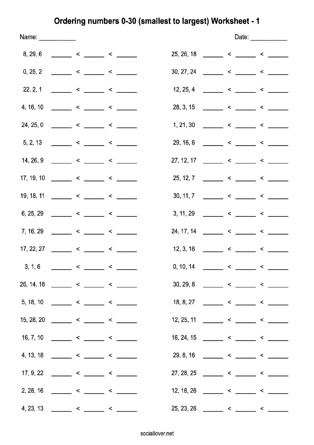 Ordering numbers up to 30 worksheets