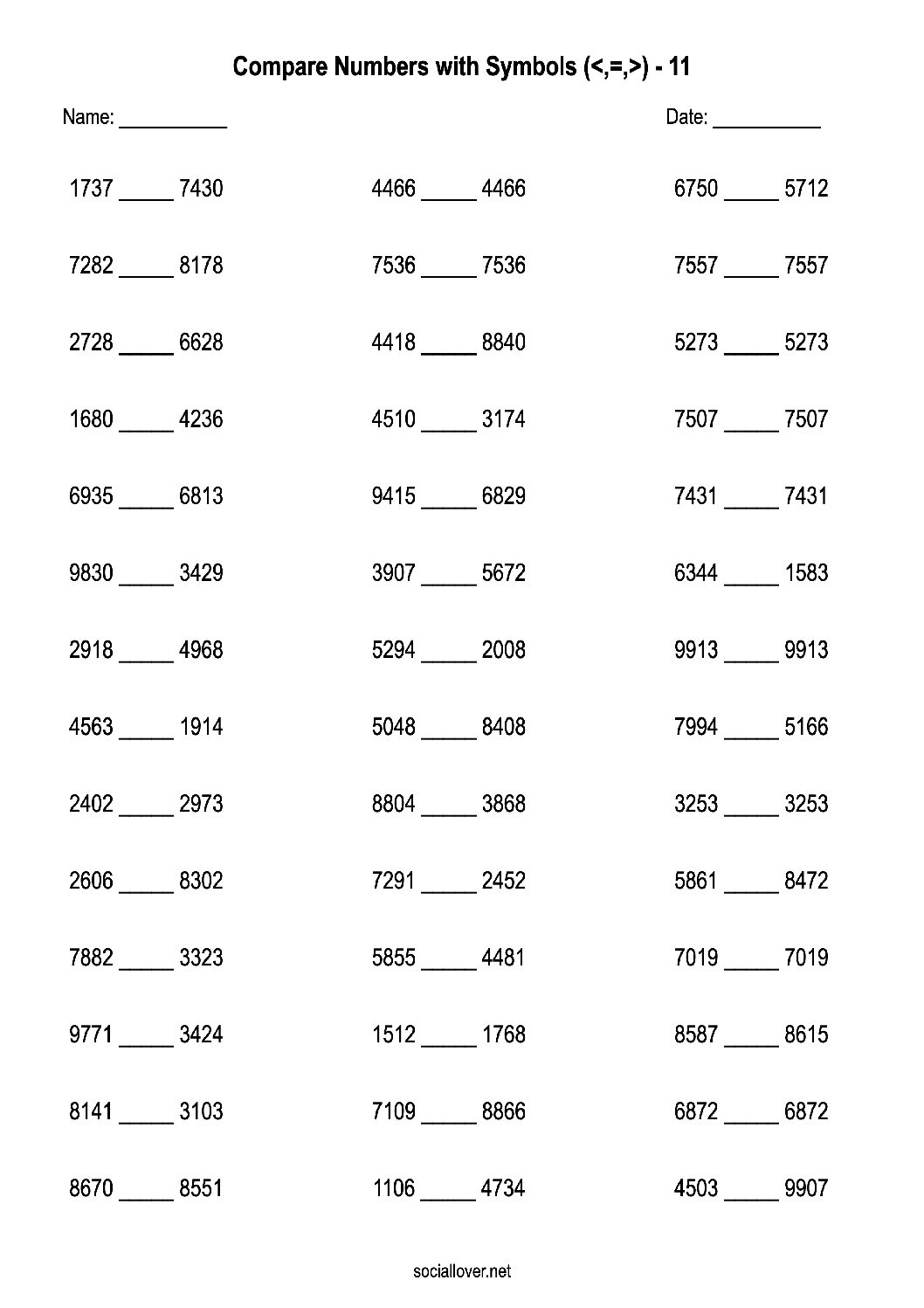 Comparing numbers worksheets up to 10000