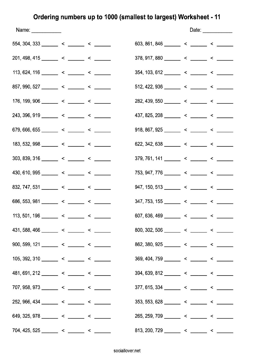 Ordering numbers up to 1000 worksheets
