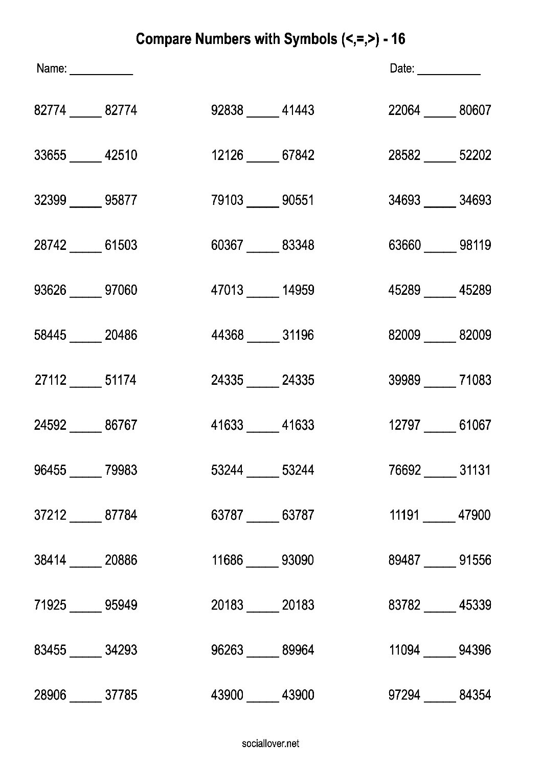 Comparing numbers worksheets up to 100000
