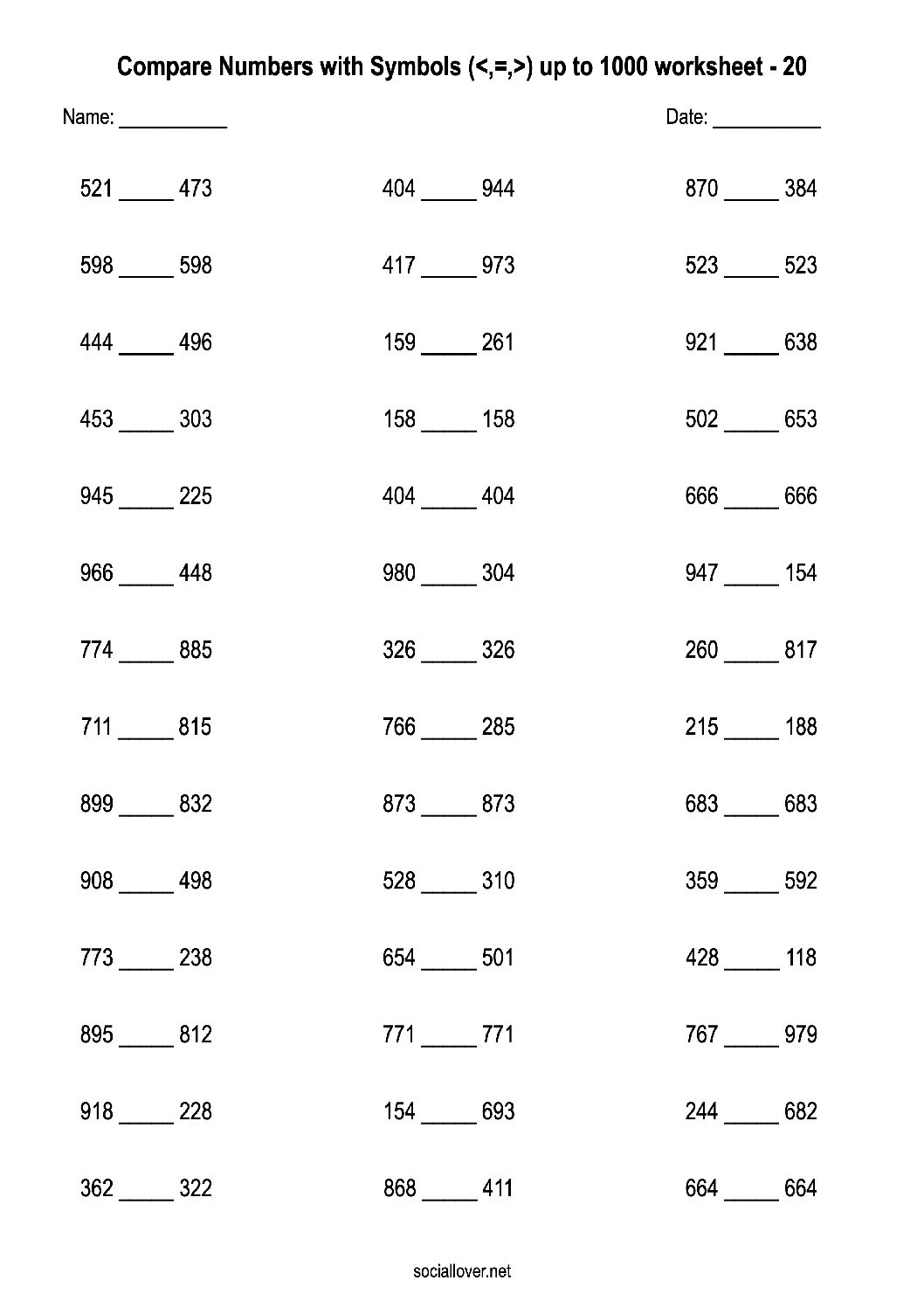 Number comparing worksheets up to 1000