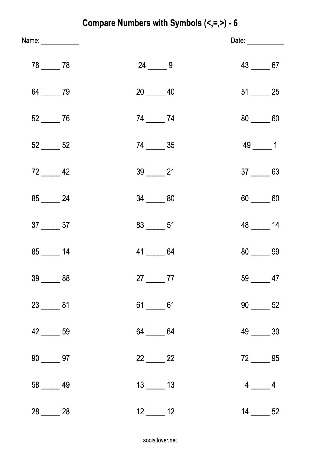 Comparing numbers worksheets from 0-100