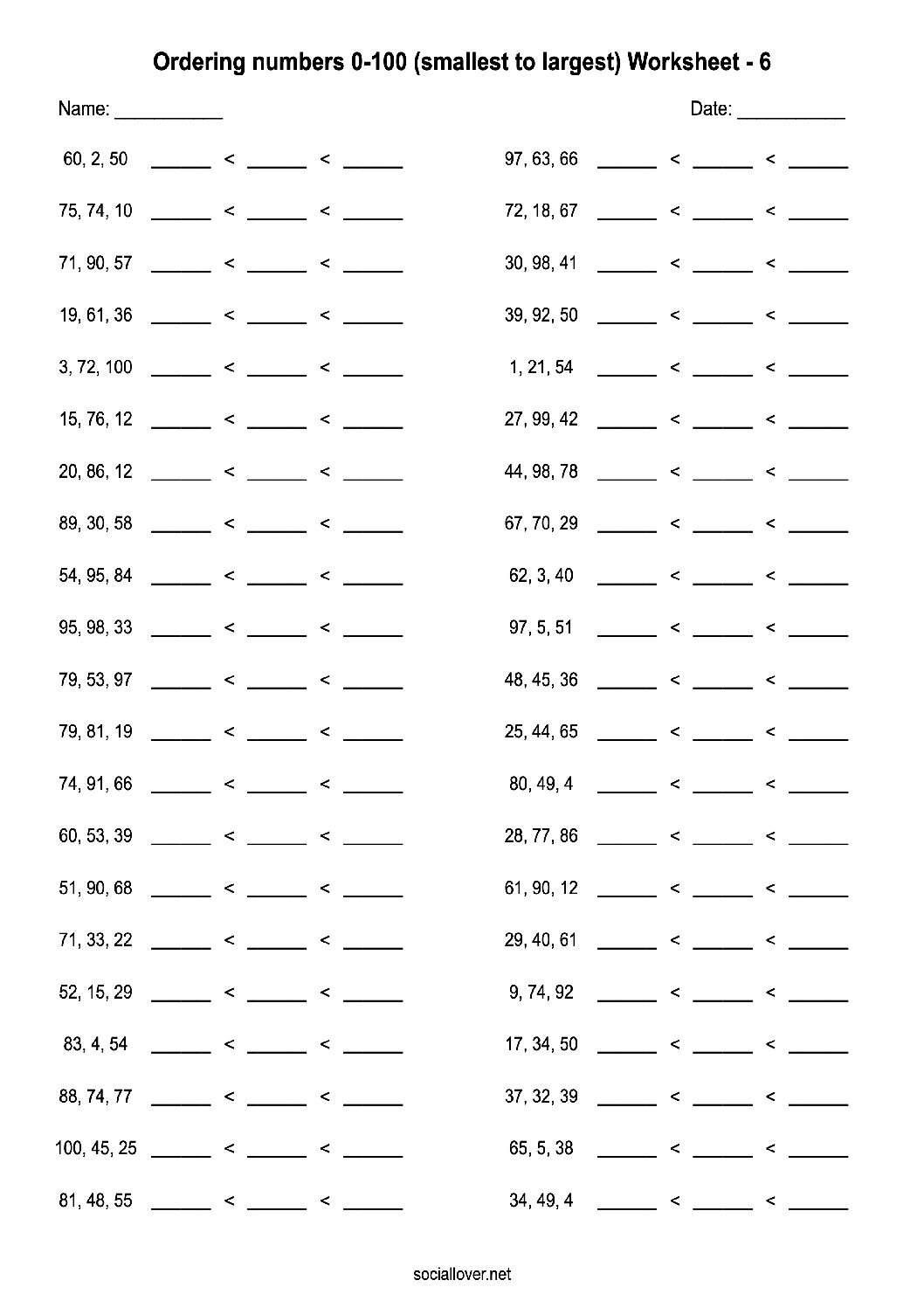 Order numbers from 0-100 Worksheets