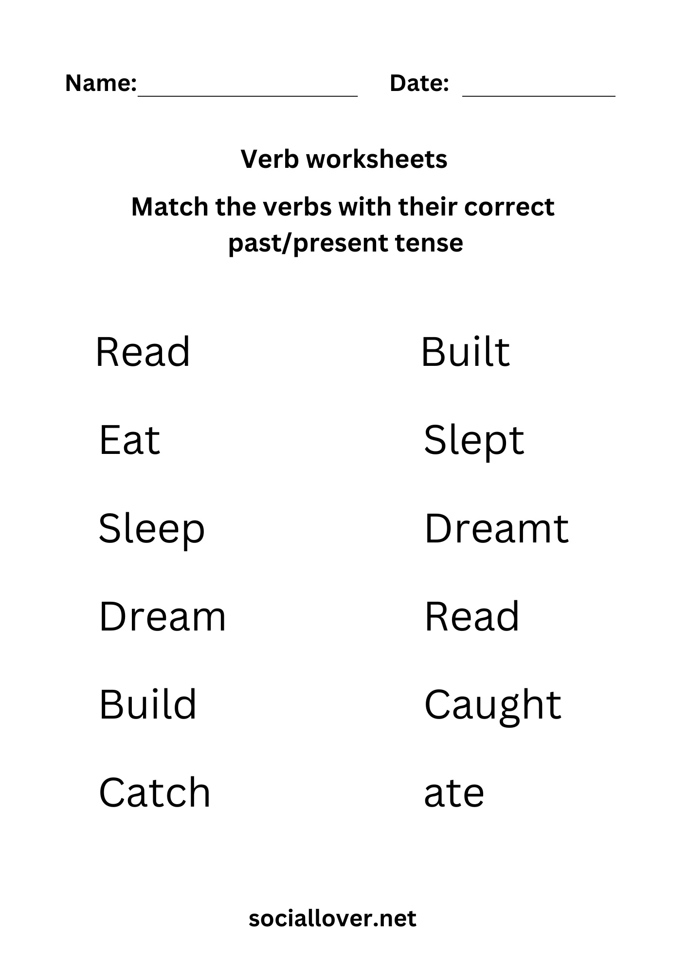 Past and Present tense verbs matching worksheets
