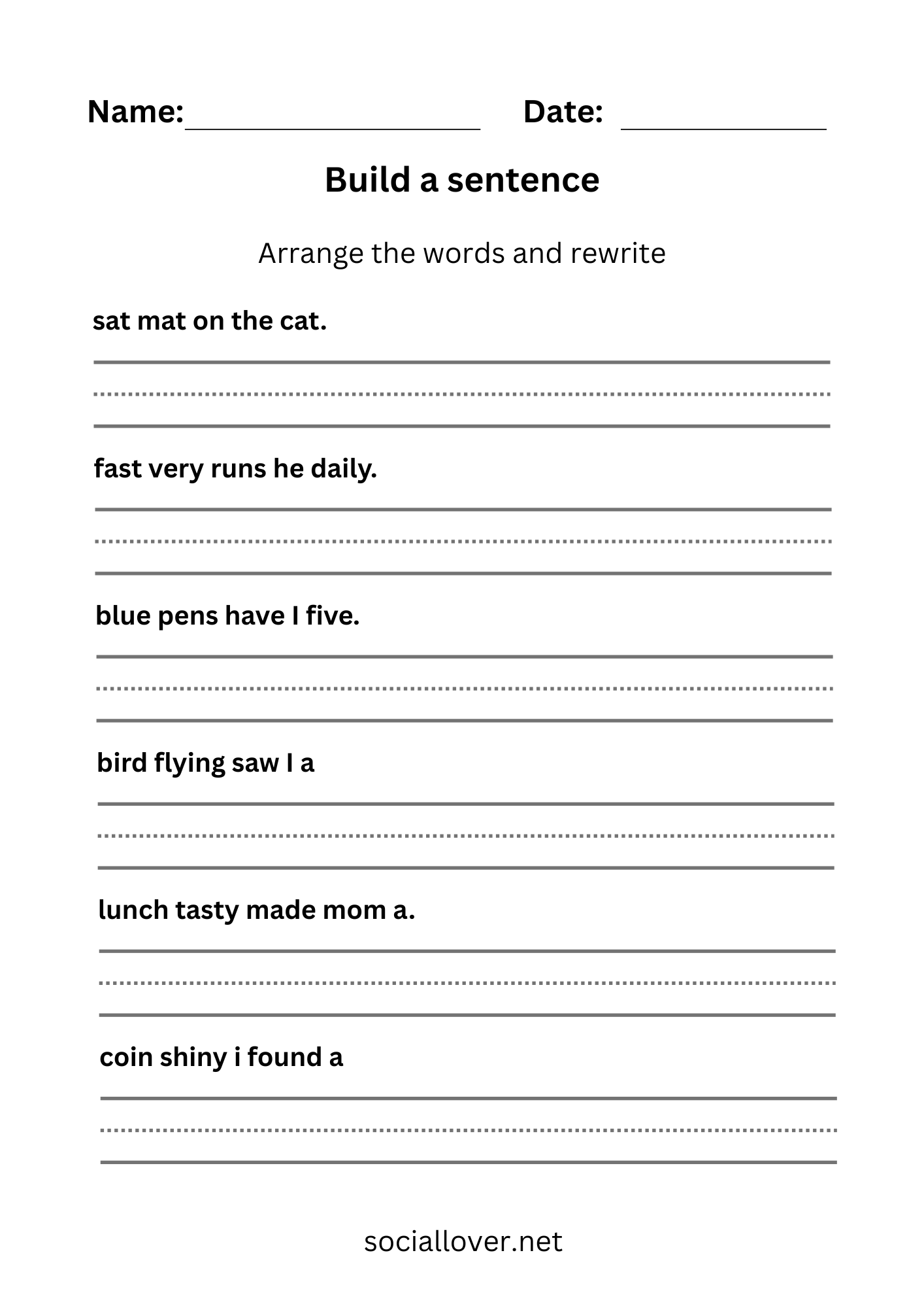 Jumbled sentences worksheets for Grade 1