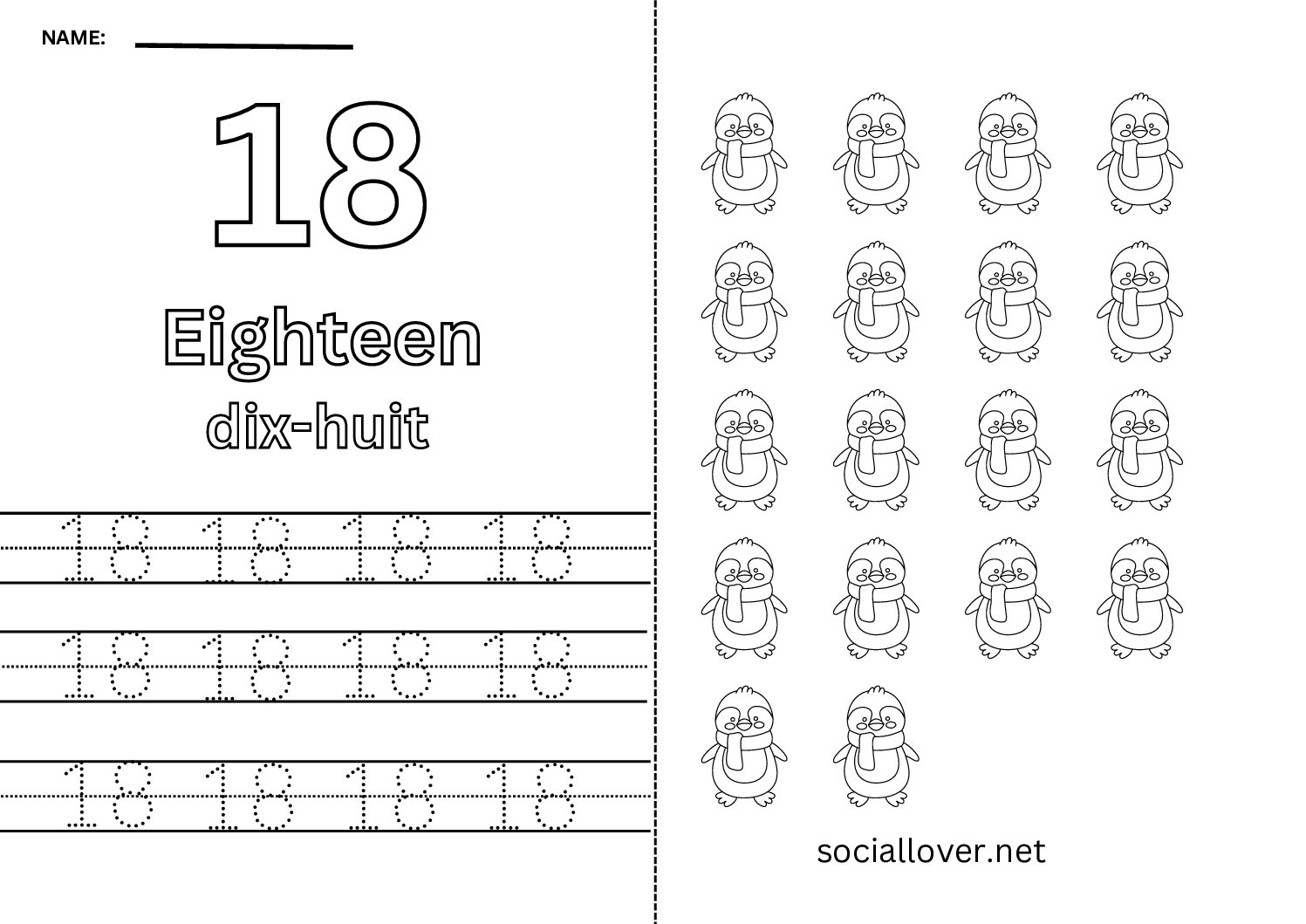 Bilingual French Number 18 Worksheet
