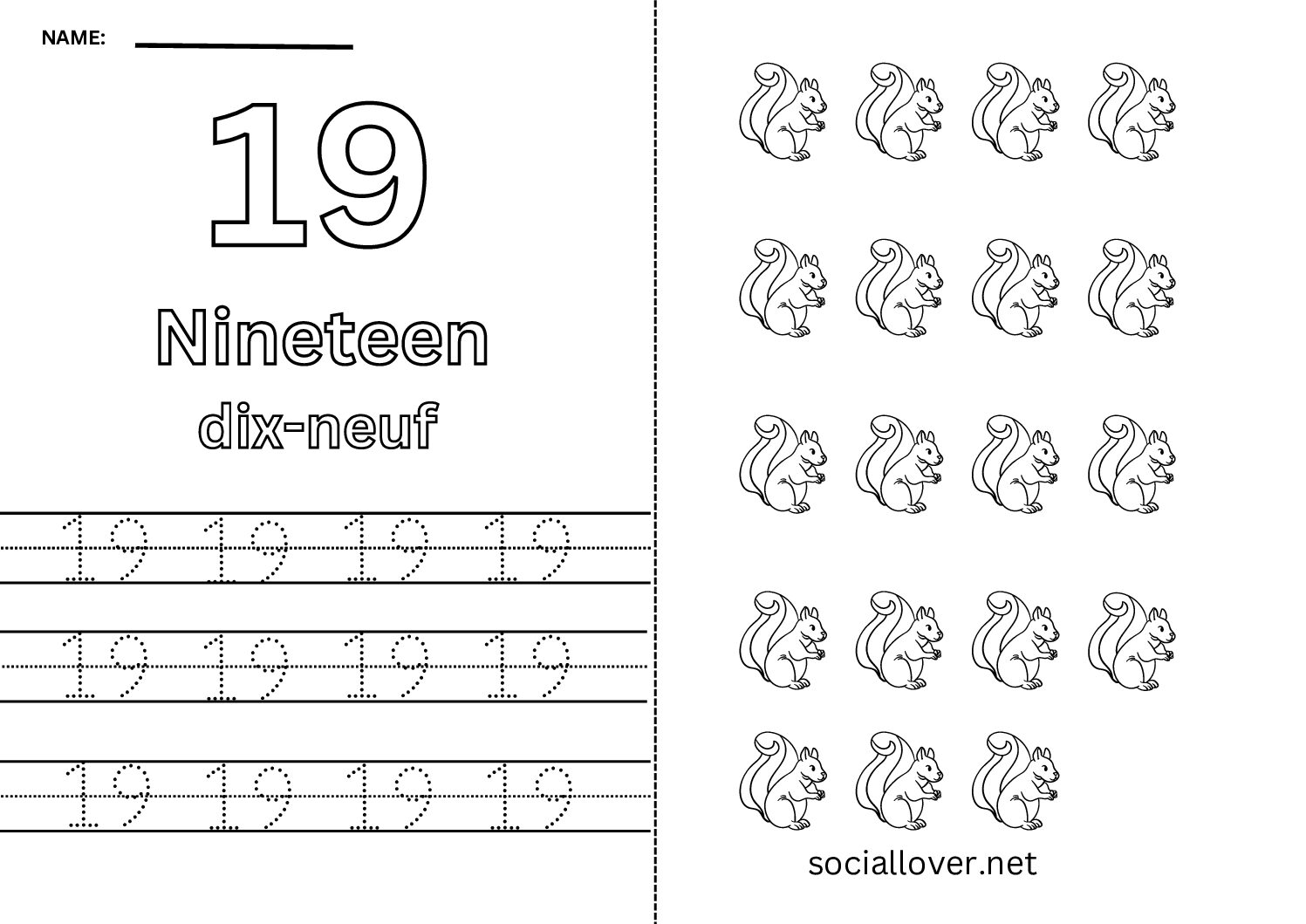 Bilingual French Number 19 Worksheet