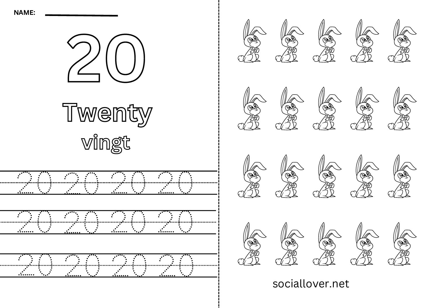 Bilingual French Number 20 Worksheet