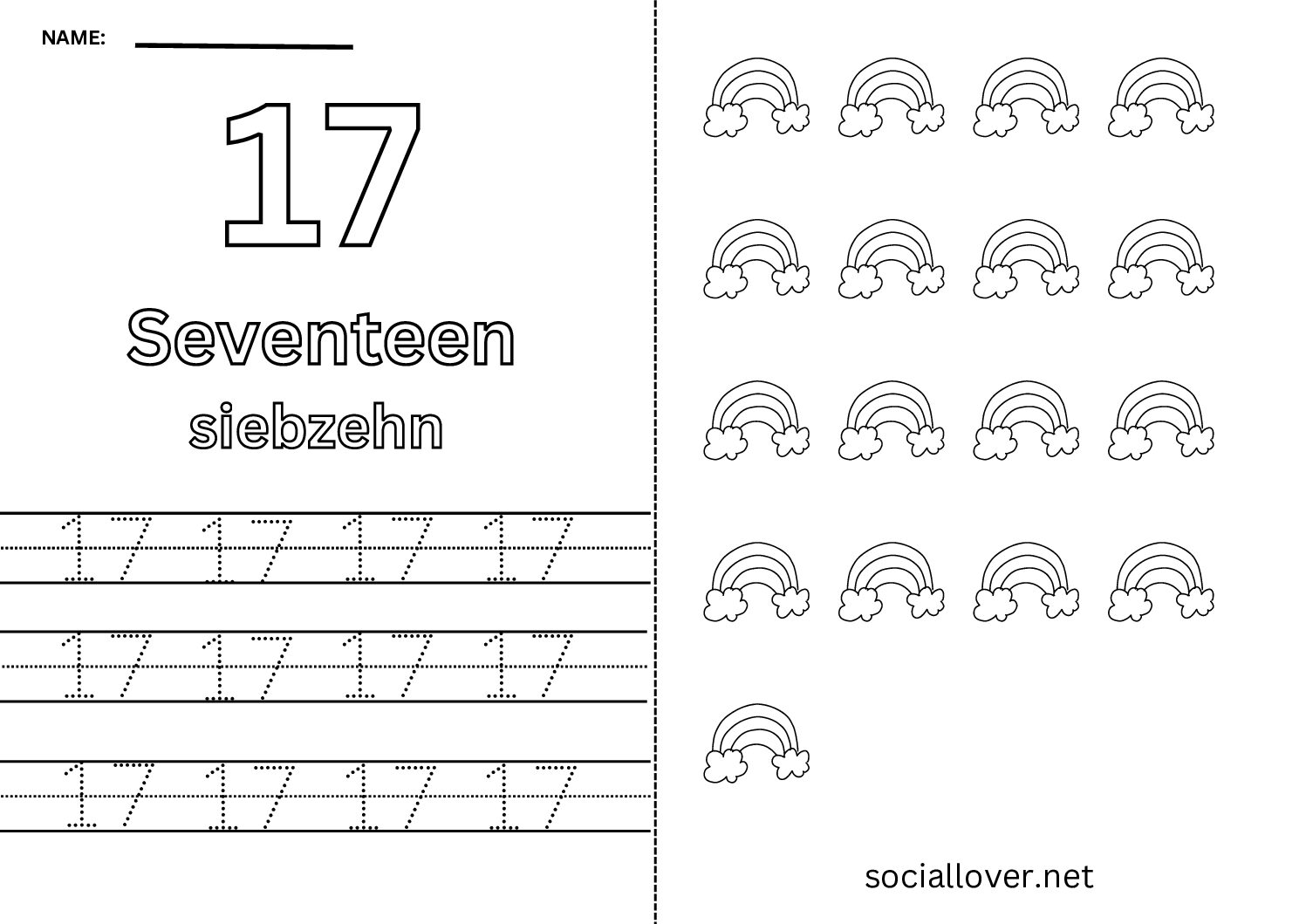 Bilingual German Number 17 (Siebzehn) Worksheet