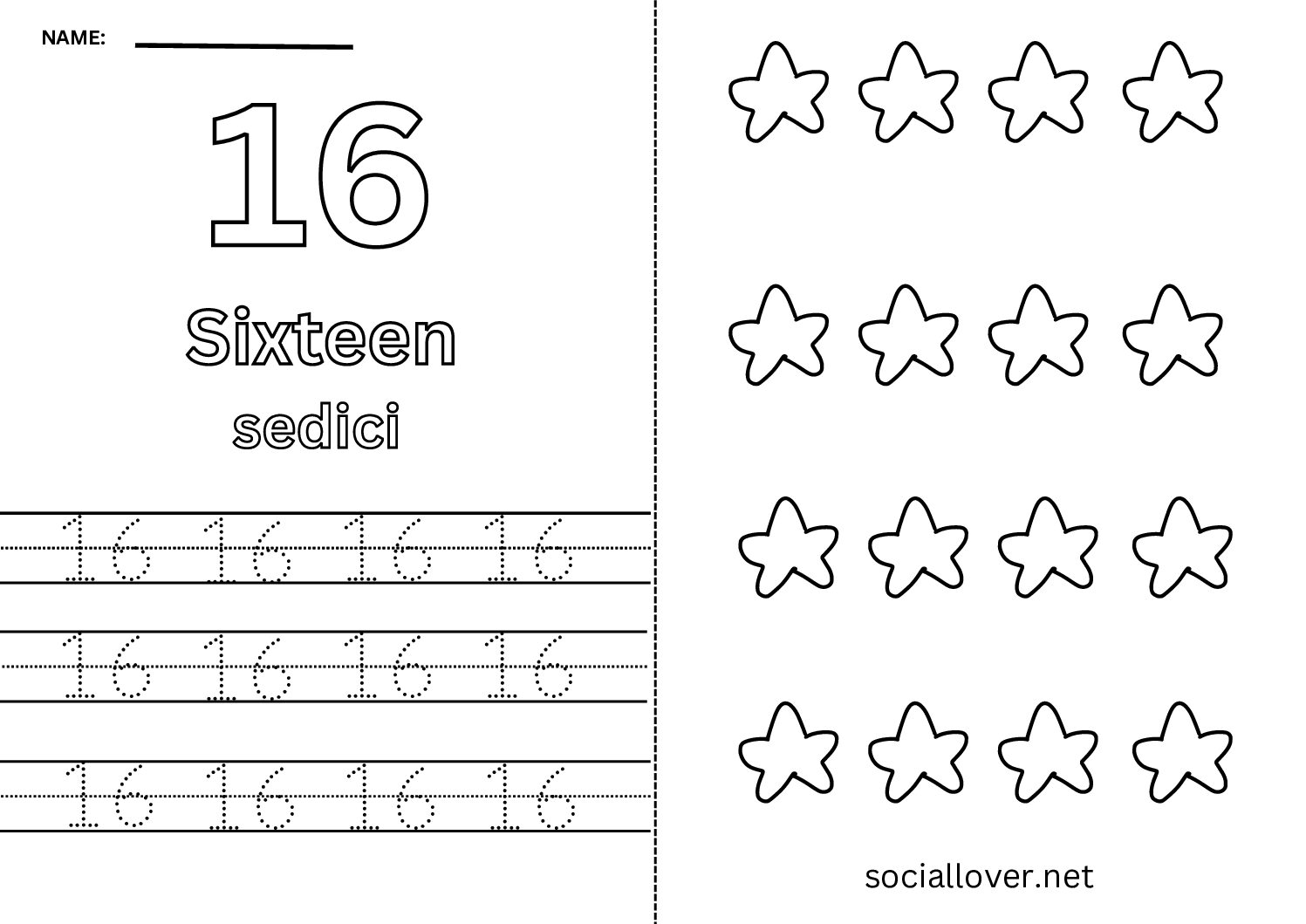 Bilingual Italian Number 16 Worksheet