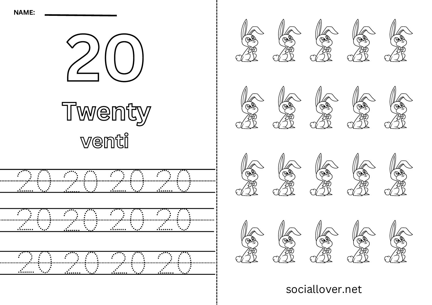 Bilingual Italian Number 20 Worksheet