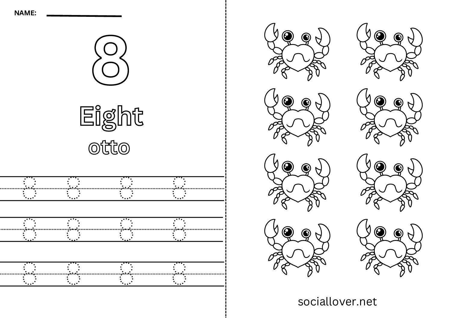 Bilingual Italian Number 8 Worksheet