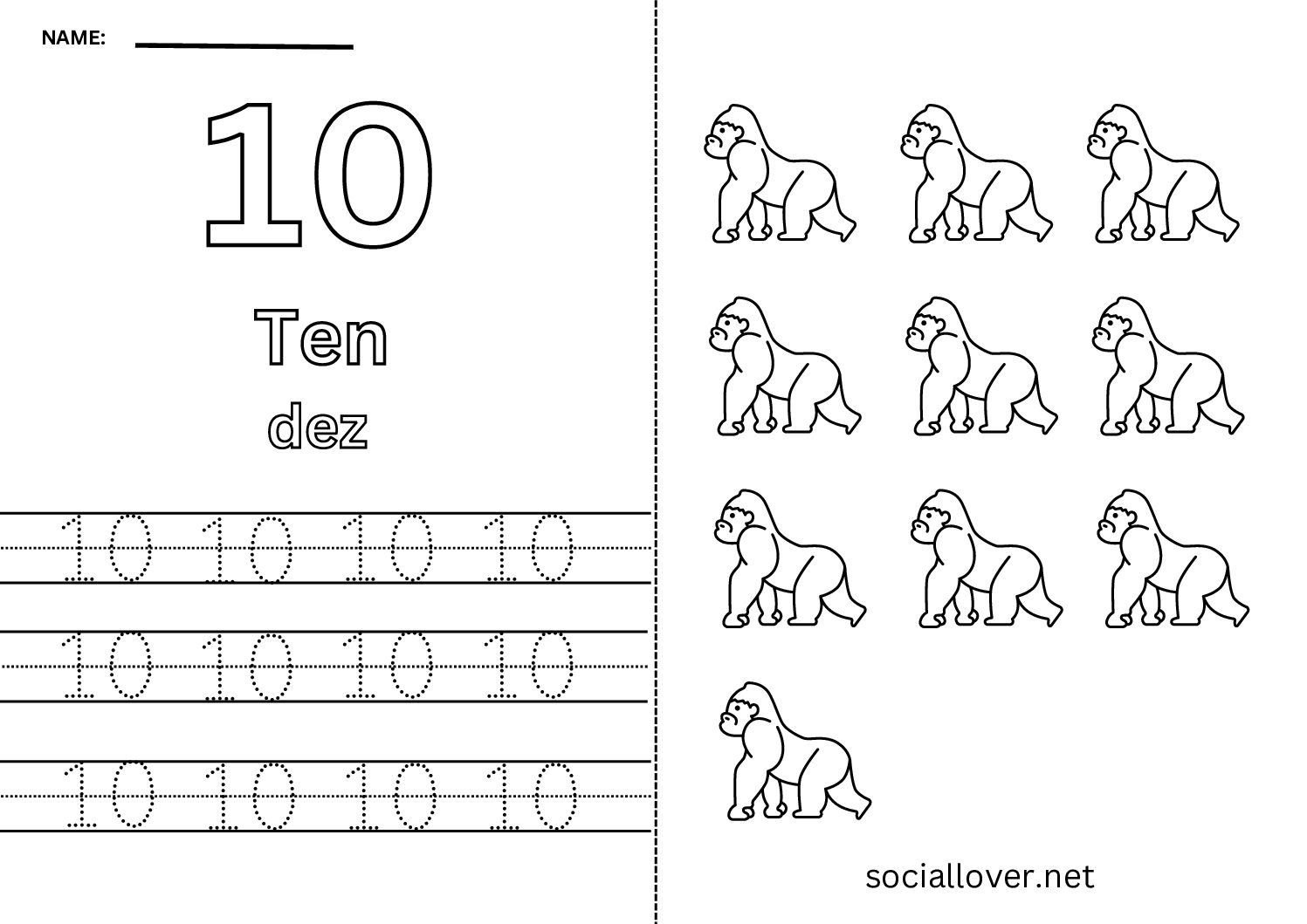 Bilingual Portuguese Number 10 Worksheet
