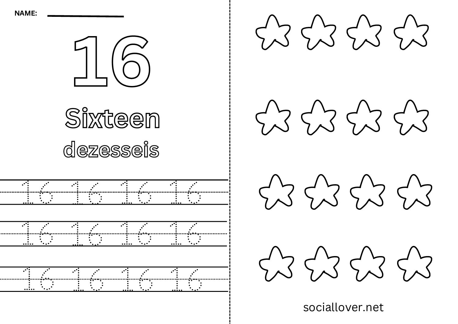 Bilingual Portuguese Number 16 Worksheet