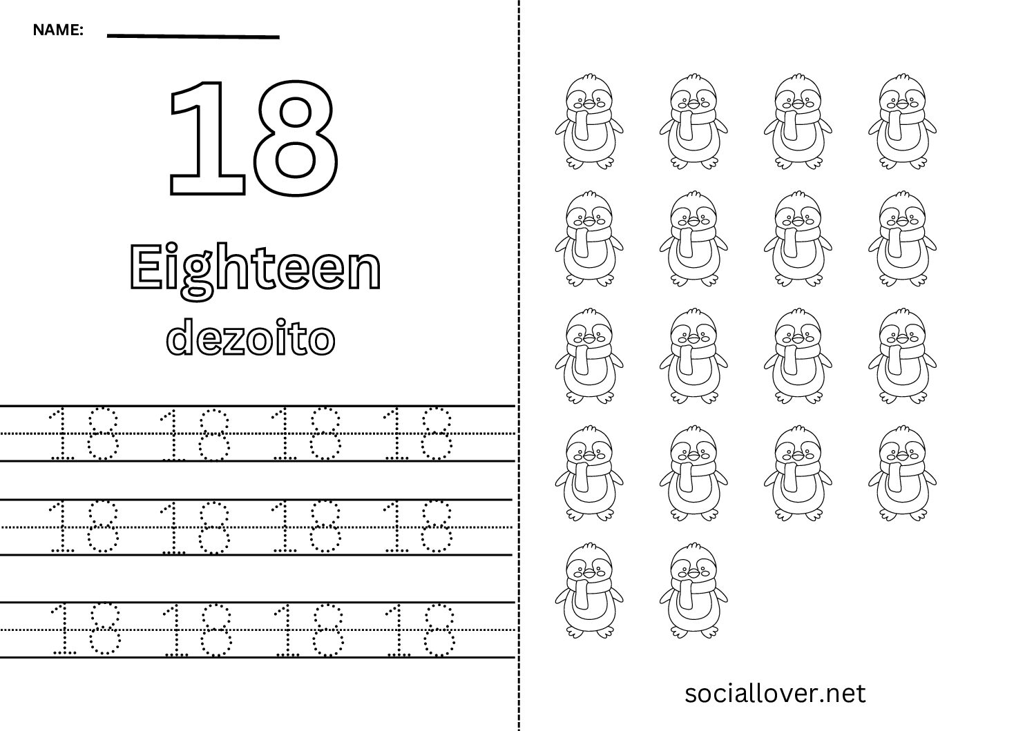 Bilingual Portuguese Number 18 Worksheet