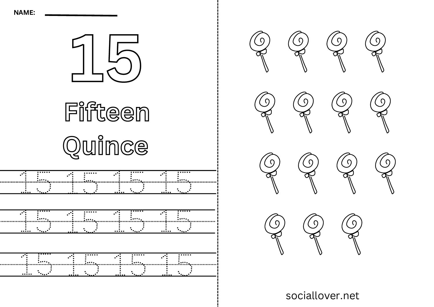 Bilingual Spanish Number 15 (Quince) Worksheet