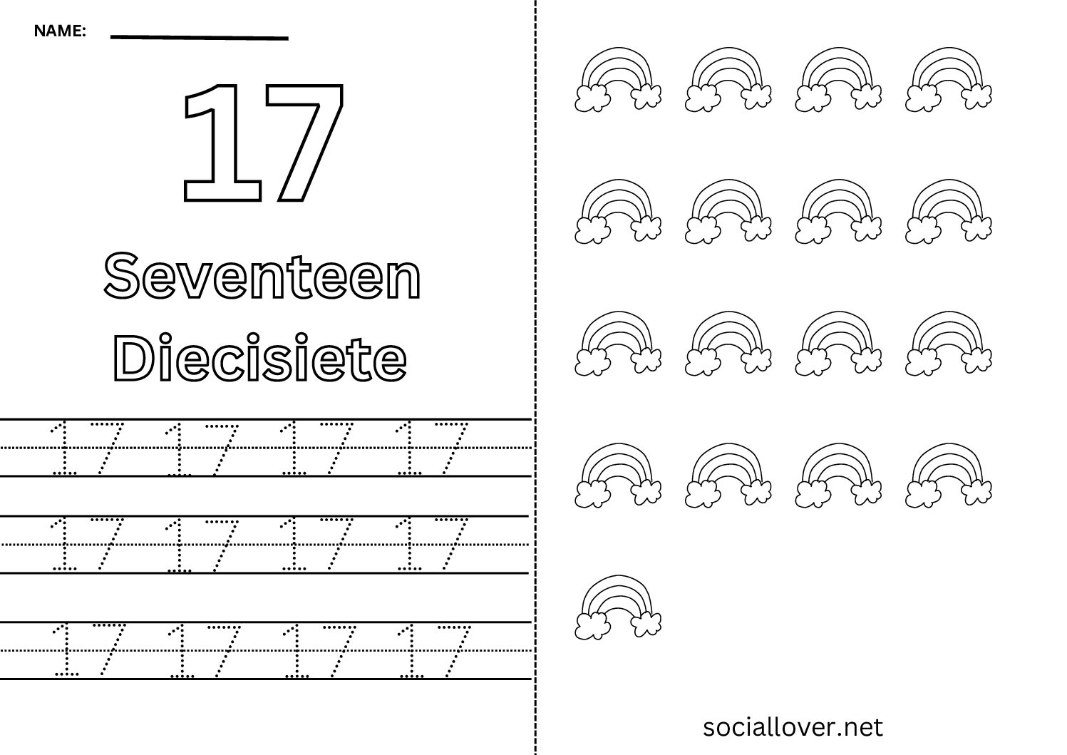 Bilingual Spanish Number 17 (Diecisiete) Worksheet