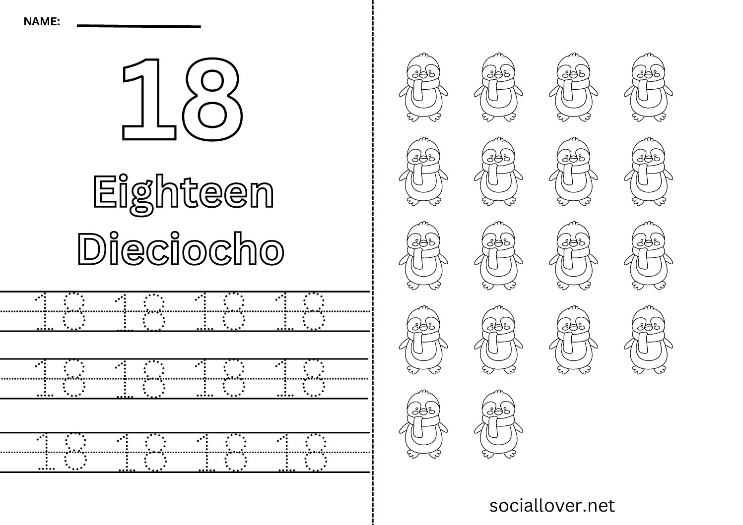 Bilingual Spanish Number 18 (Dieciocho) Worksheet